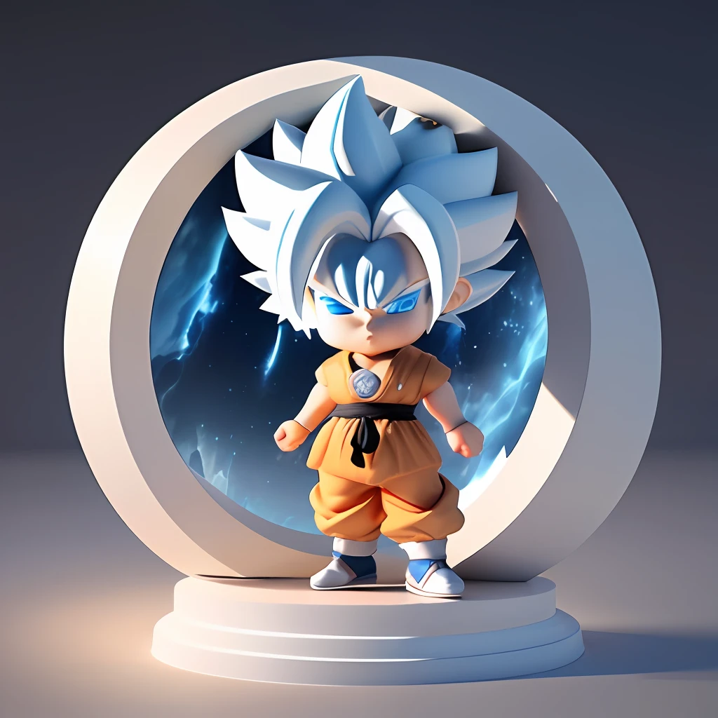 Goku, super saiyan, exquisite hair, arm depiction, white and blue hair body, exquisite shoes, facial features depiction, exquisite facial features, eye depiction, exquisite hair, popmart blind box, clay texture, stepping on the ground, black and white background, natural light, best quality, ultra detail, 3d art, c4d, oc renderer, 3d render, 8k