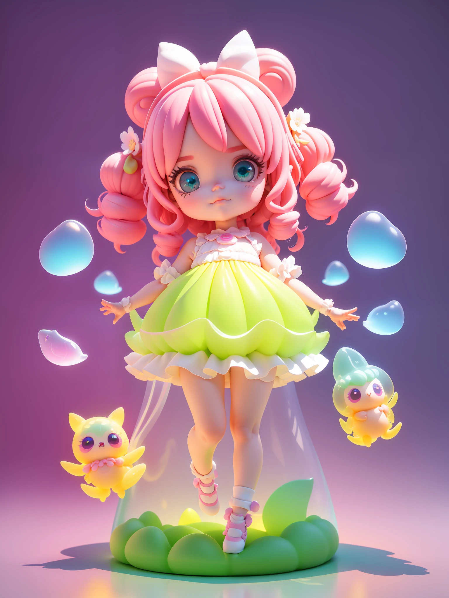 Detailed plastic materials, ((same character, front, side, back)) best quality, (very detailed model), (best quality), octane rendering, ray tracing, very detailed, 3D toys , exaggerated huge hair, little girl (full body) (3D hair, cute hair accessories, ((children)), beautiful eyes, cute big eyes, cute face, pink and green gradient, drum skirt, cute skirt, chib, fluorescent half Transparent, colorful, plastic, children, transparent, product design, luminous jelly, exquisite and cute plastic, beautiful light and shadow 3d, digital art, translucent plastic bubble gum, close-up, 3d, ultra-detailed, generate front view, side view, rear view three views , borderless, c4d, Octane rendering, Blender, HD, full body, simple background! - v6