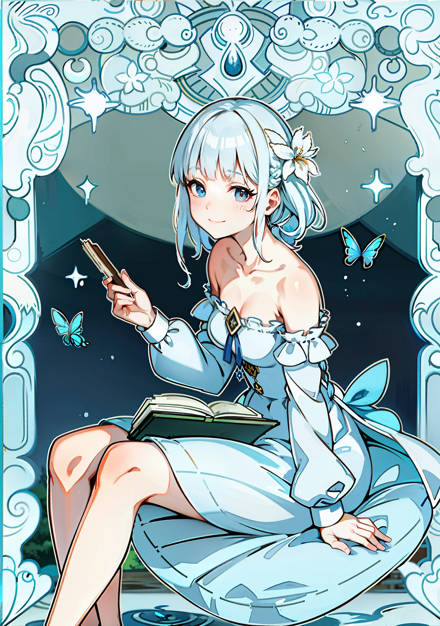 (Realistic painting style:0.9),(faux traditional media:1.0), masterpiece, best quality,bokeh, depth of field, looking to the side, kamisato ayaka (springbloom missive), kamisato ayaka, official alternate hairstyle, official alternate costume, blunt bangs, butterfly hair ornament, hair flower, blue dress, 1girl,girl sitting on a futon,butterfly, grey eyes, flower, hair ornament, light blue hair, outdoors, solo, sky, blue nails, cloud, bangs, long sleeves, holding, looking at viewer, blue butterfly,braid, dress, day, blue sky, breasts, medium breasts, cloudy sky, blush, index finger raised, blue flower, smile, closed mouth, holding open book,tarot,green background,