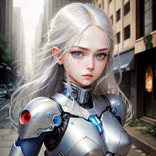 Masterpiece, best, girl, silver hair, blue eyes, expressionless face, flesh body, external mecha, ruined city