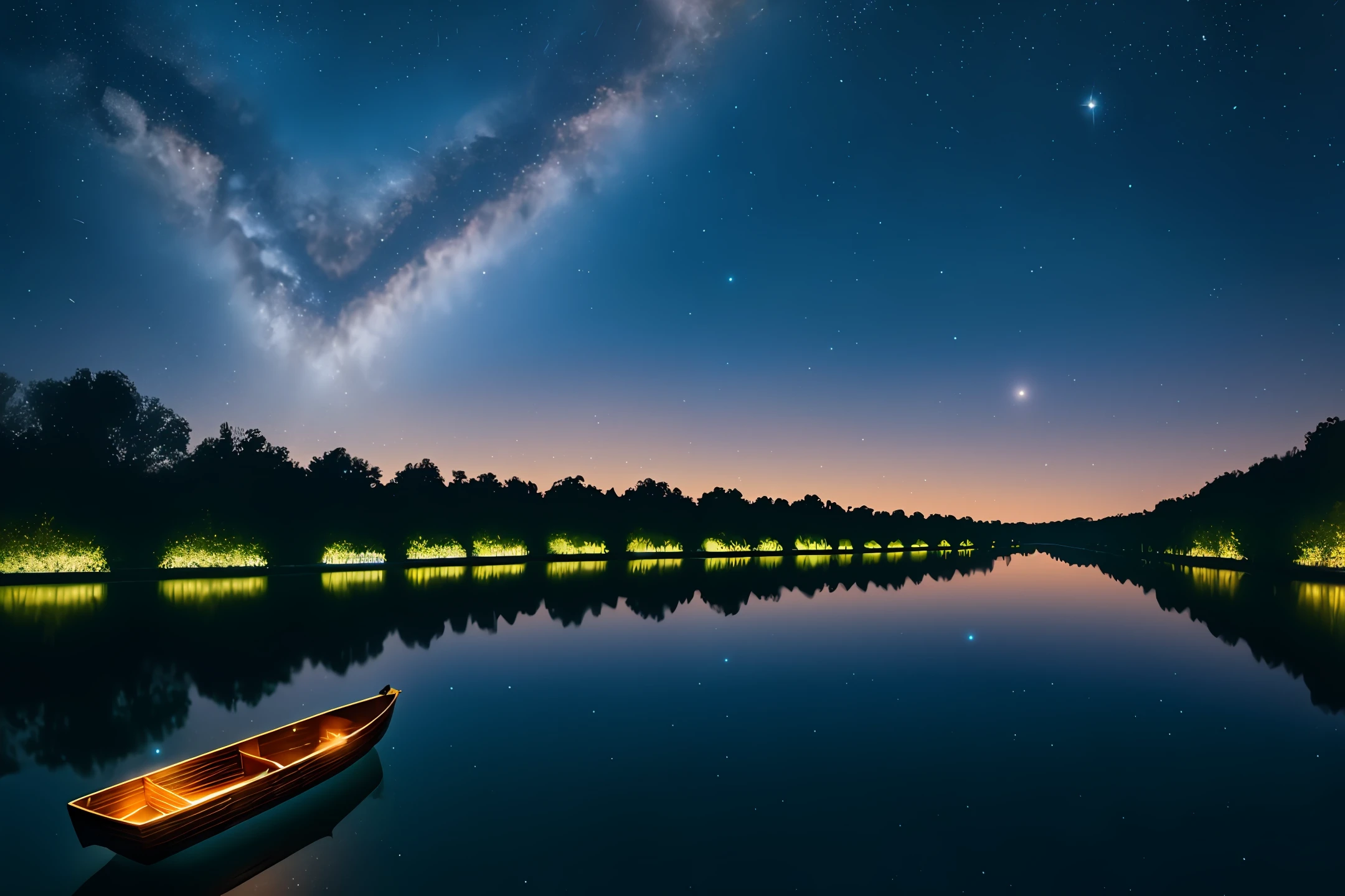 A small boat is moving forward in a river made of stars, the background is the cosmic starry sky, science fiction elements, fairy tales, romantic elements, 8K ultra-clear, movie scenes, light effects
