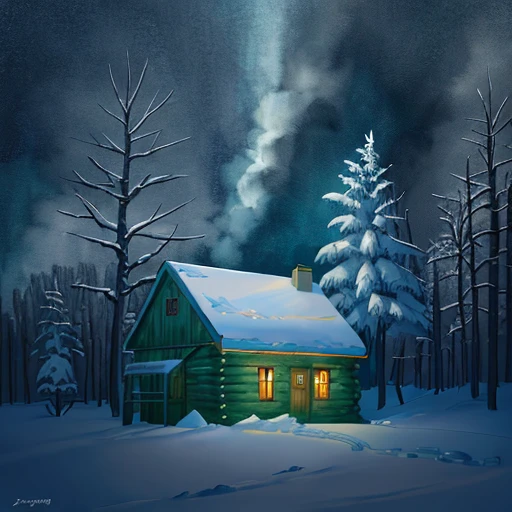 painting of Jotaro Kujo building a cabin in the snow with a green and blue sky, an expressive digital painting, inspired by Charles E. Burchfield, cartoon moody scene, cold lights soft painting, winter painting, atmospheric. digital painting, stylized digital illustration, a digital painting, calm night. digital illustration, watercolor digital painting, digital cartoon painting art, speedpaint, mood painting