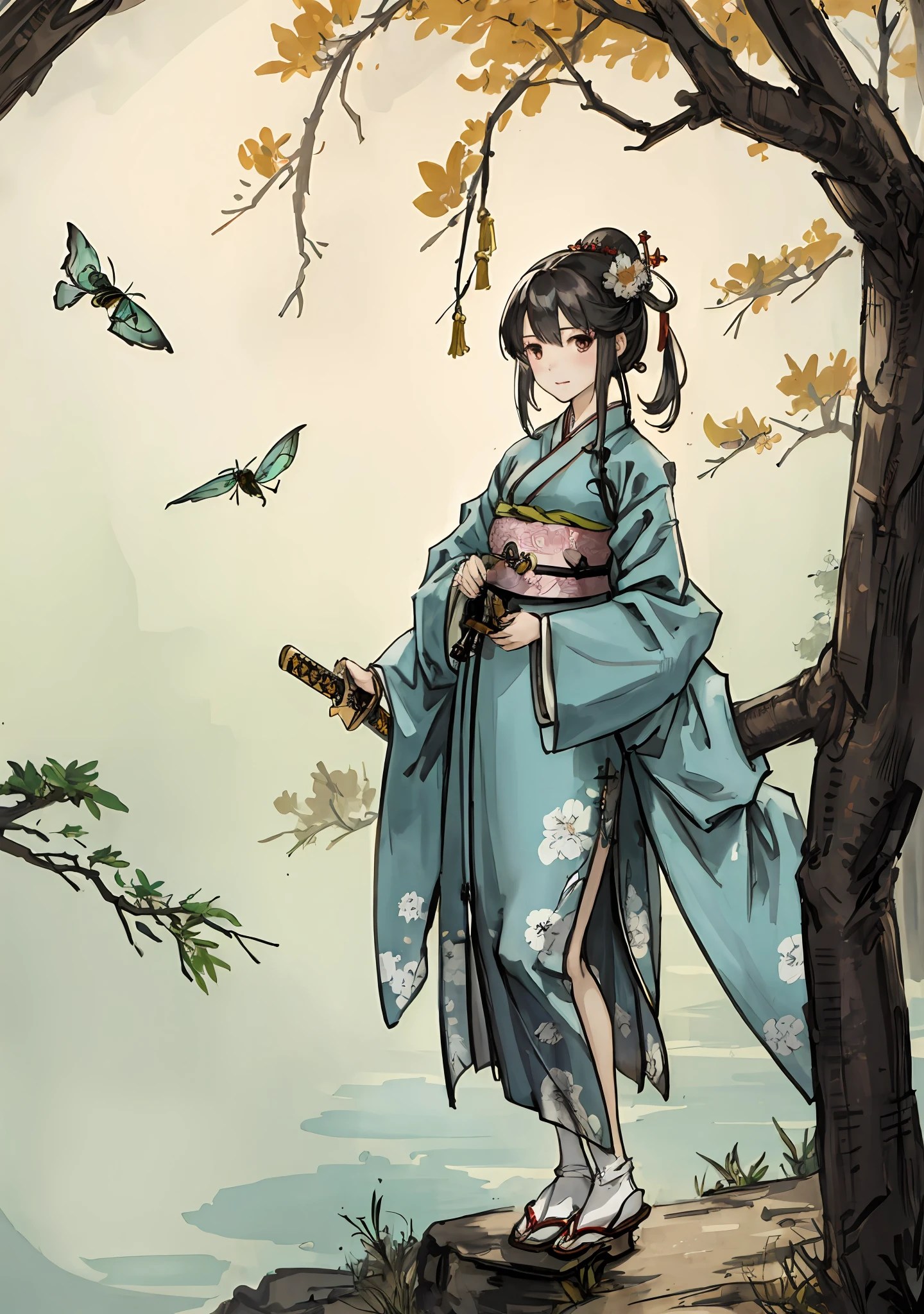 ((best quality, high_resolution, distinct_image)), girl,hanbok,hanfu,holding sword,详细背景,Cicadas on trees,Cicadas,summer