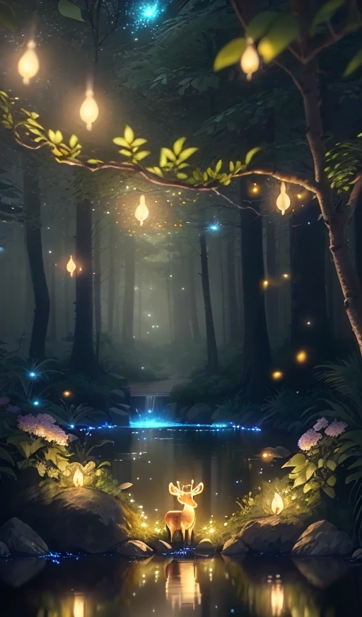 Masterpiece, best quality, (very detailed CG unity 8k wallpaper), (best quality), (best illustration), (best shadows), glow sprite, with a glowing deer, in the swimming pool Drinking water, natural elements in the forest theme. Mysterious forest, beautiful forest, nature, surrounded by flowers, delicate leaves and branches surrounded by fireflies (natural elements), (jungle theme), (leaves), (twigs), (fireflies), (particle effects) etc. 3D , Octane rendering, ray tracing, super detailed