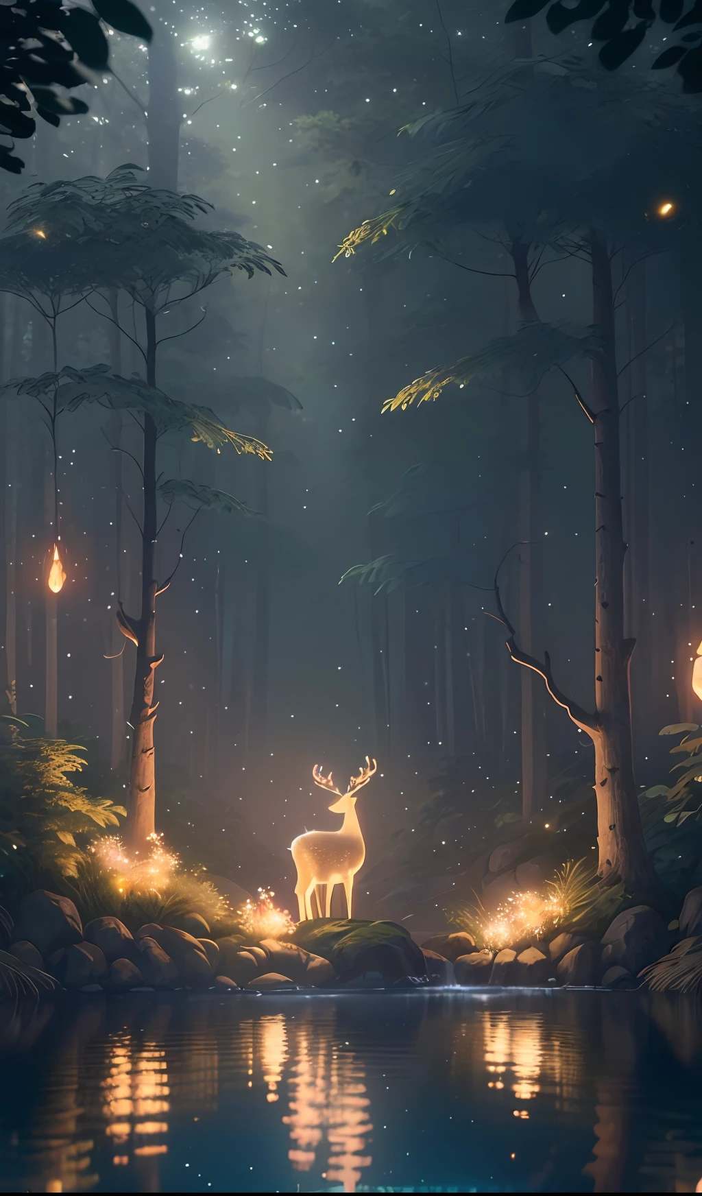 Masterpiece, best quality, (very detailed CG unity 8k wallpaper), (best quality), (best illustration), (best shadows), glow sprite, with a glowing deer, in the swimming pool Drinking water, natural elements in the forest theme. Mysterious forest, beautiful forest, nature, surrounded by flowers, delicate leaves and branches surrounded by fireflies (natural elements), (jungle theme), (leaves), (twigs), (fireflies), (particle effects) etc. 3D , Octane rendering, ray tracing, super detailed