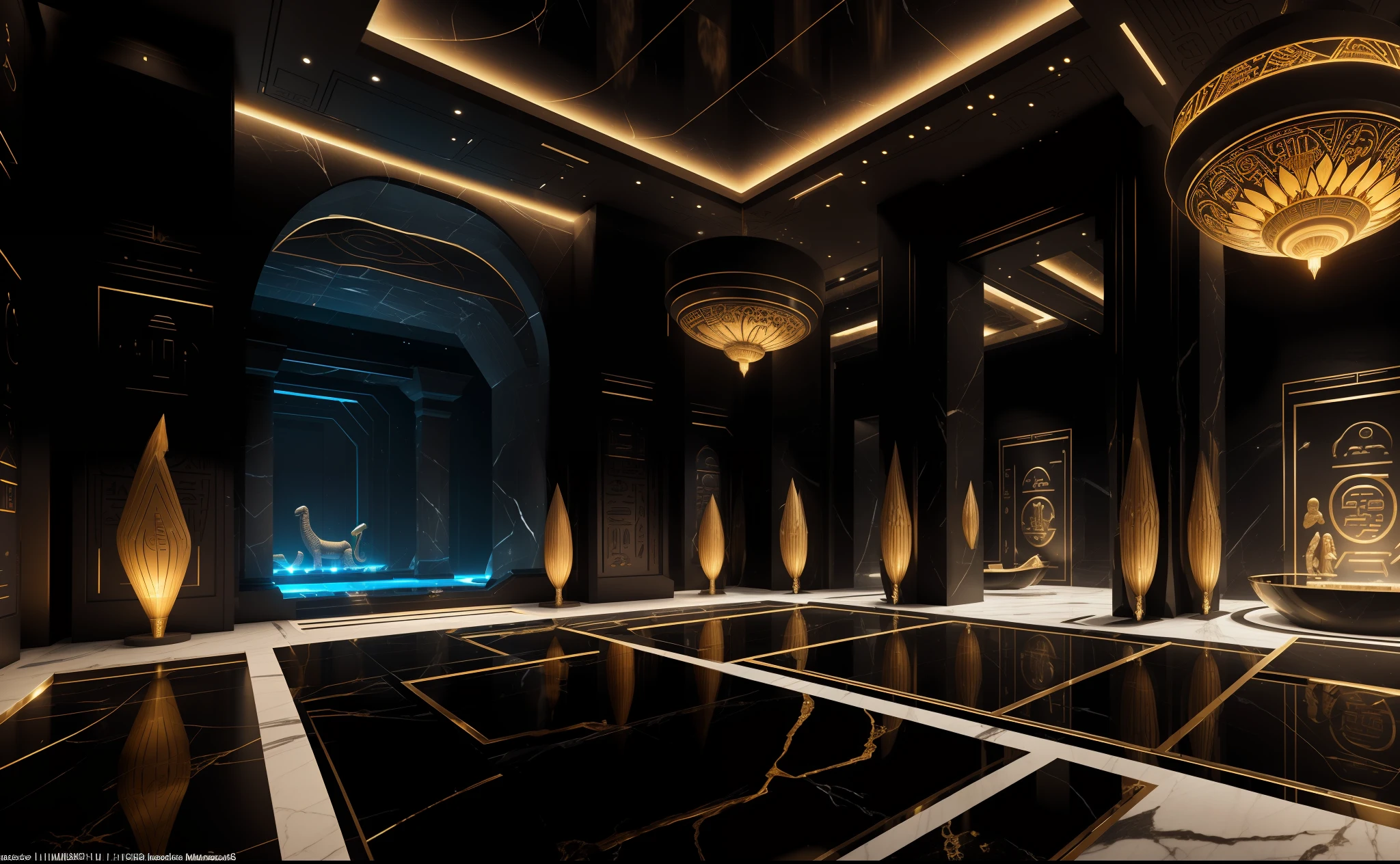 incredible black luxurious futuristic interior in Ancient Egyptian style with lotus flowers, palm trees, hieroglyphics, rocky walls, sand, marble, precious minerals, metals, gemstones, crystals, clouds and water, crocodiles, ultra luxury, black marble – with beautiful lights, Unreal Engine, HQ, 16k