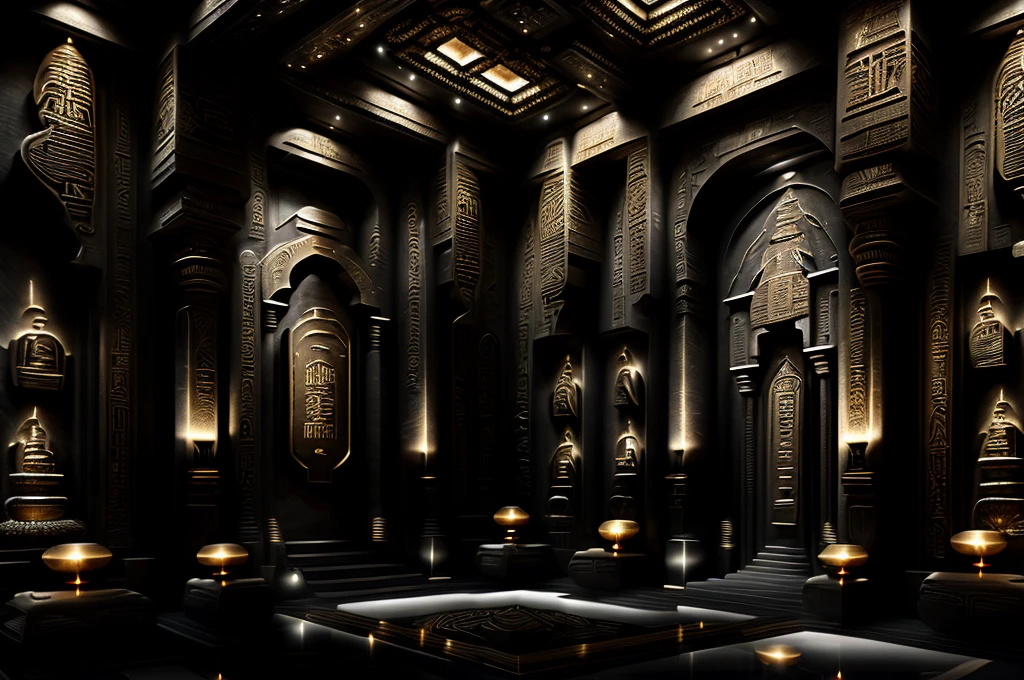 incredible black luxurious futuristic interior in Ancient Egyptian style with lotus flowers, palm trees, hieroglyphics, rocky walls, sand, marble, precious minerals, metals, gemstones, crystals, clouds and water, crocodiles, ultra luxury, black marble – with beautiful lights, Unreal Engine, HQ, 16k