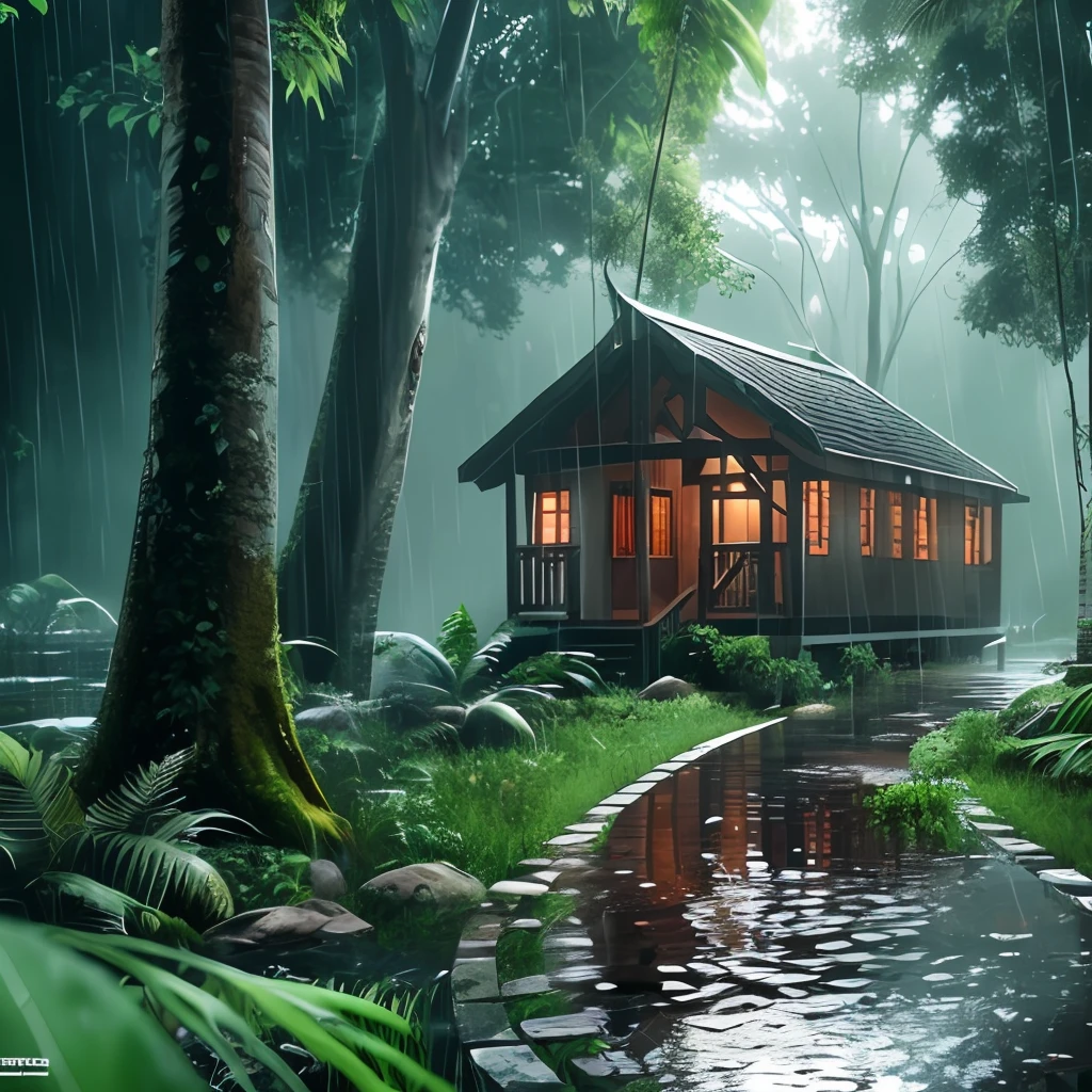 Jungle, heavy rainfall, monochrome, vines everywhere, huge wet trees, masterpiece, best quality, high quality, very detailed CG unity 8k wallpaper, oil painting, award winning photography, bokeh, depth of field, HDR, bloom , chromatic aberration, photorealism, very detailed, trending on artstation, trending on CGsociety, intricate, high detail, dramatic, midjourney art, volumetric lighting. Image size: 960x536 --v 6
