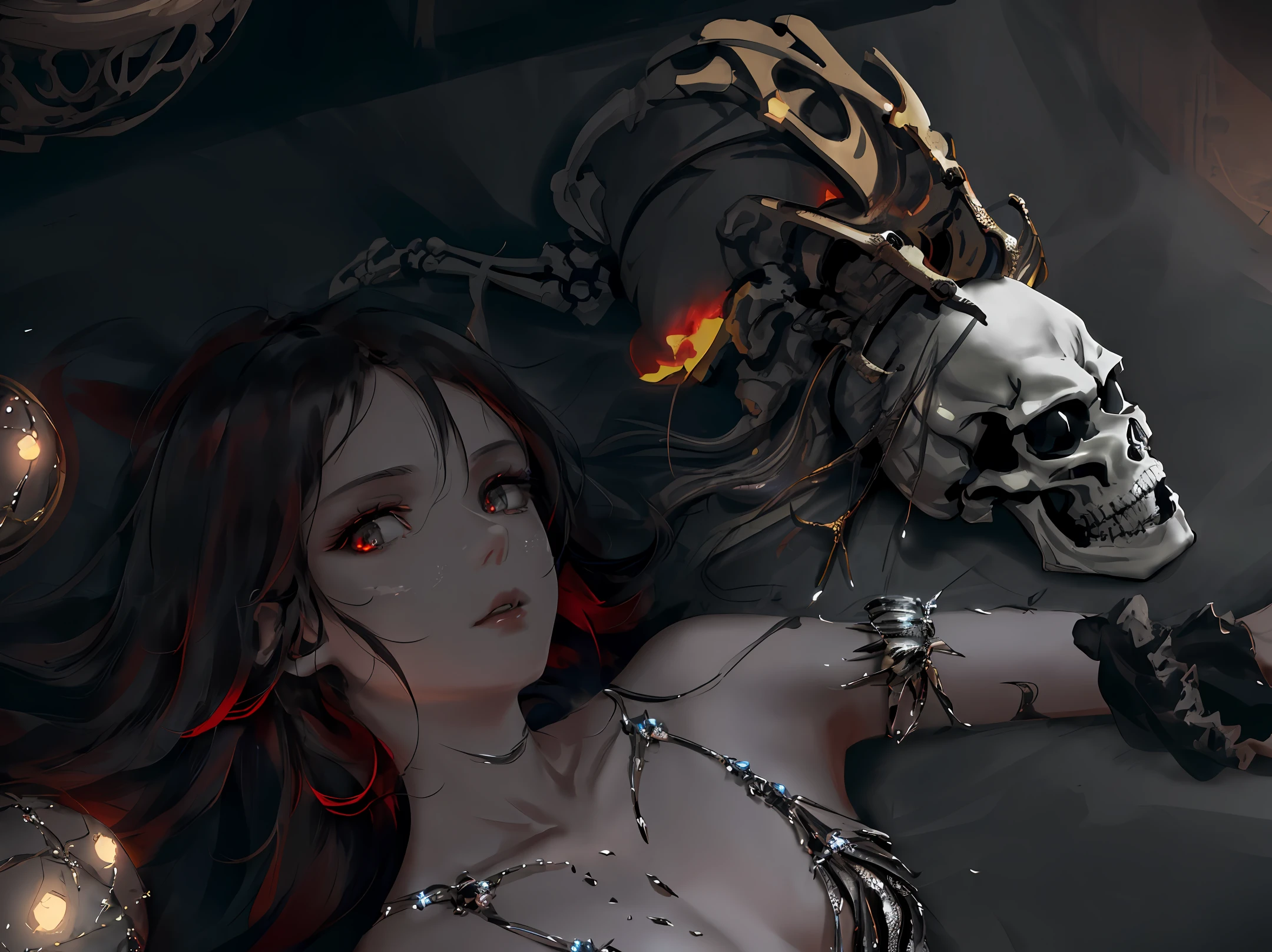 [hyper realistic:(unreal engine):realistic:,0.5,0.99], beautiful 1 skeleton,(beautiful and exquisite face),(Sky), (dark magic: 1.2), (skeleton anthropomorphic),(necromancer), hell flames, oiled skin, upper body, looking at viewer, long messy hair, (red-black clothes), (volumetric lighting), atmospheric perspective, dust particles, light axis, (e_foxy: 0.7), m_wlop, (e_landscape: 0.7 )