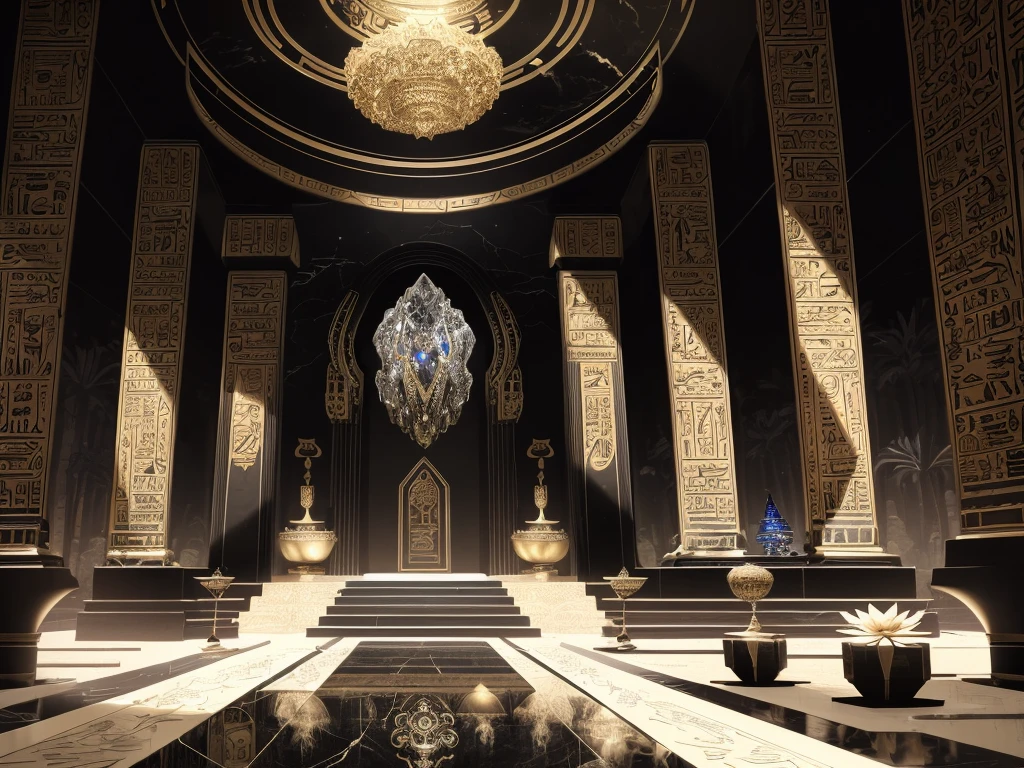 ((best quality)), ((masterpiece)), ((realistic)), incredible black luxurious futuristic interior in Ancient Egyptian style with lotus flowers, palm trees, hieroglyphics, rocky walls, sand, marble, precious minerals, metals, gemstones, crystals, clouds and water, crocodiles, ultra luxury, black marble – with beautiful lights, Unreal Engine, HQ, 16k