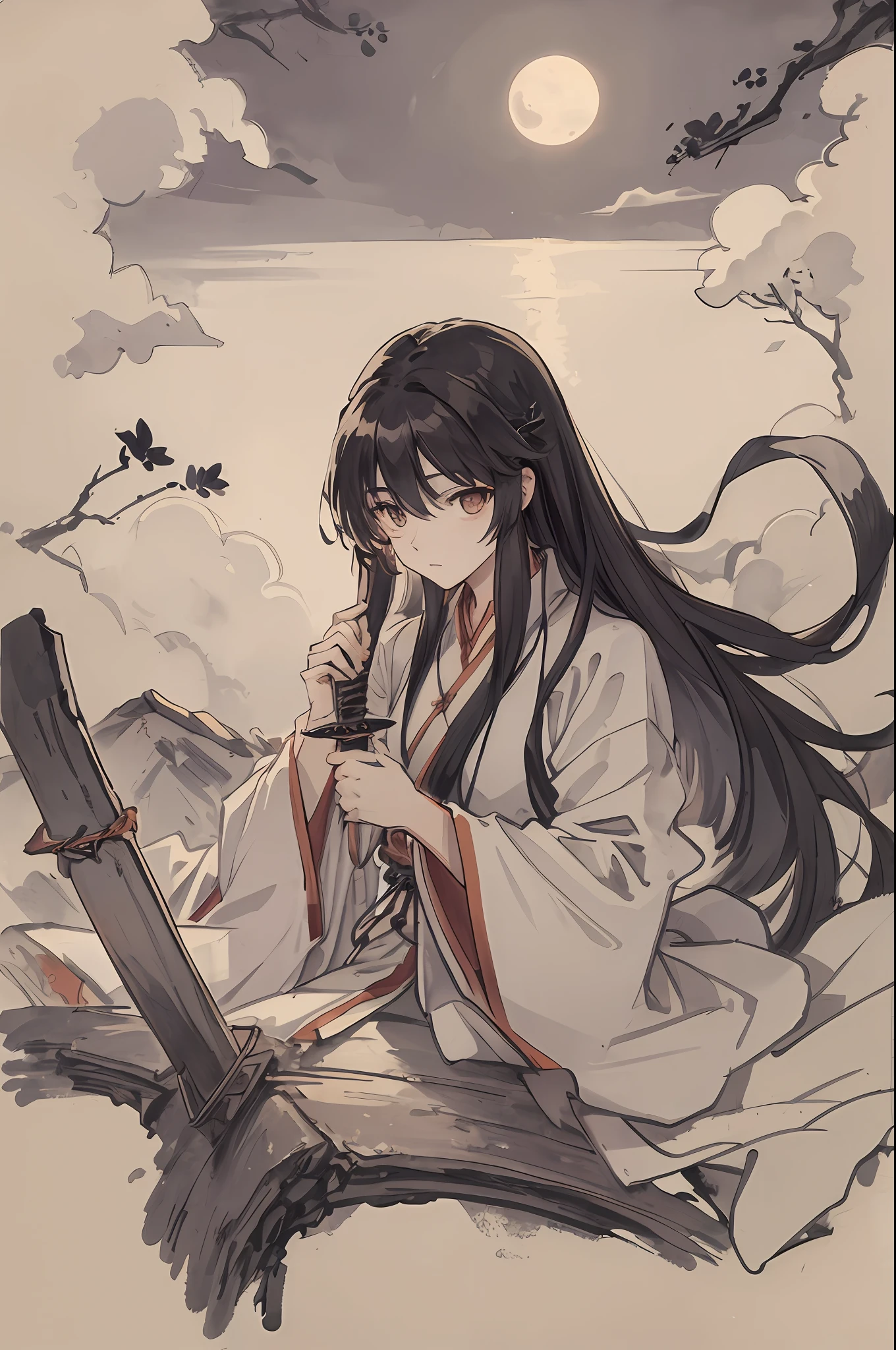 Masterpiece, best quality, night, hills, clouds, full moon, long hair, woman, silhouette, firefly, holding a sword, Hanfu, wearing a long Hanfu, cicadas,