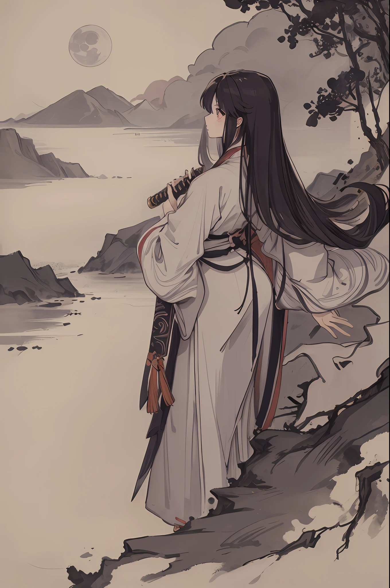 Masterpiece, best quality, night, hills, clouds, full moon, long hair, woman, silhouette, firefly, holding a sword, Hanfu, wearing a long Hanfu, cicadas,