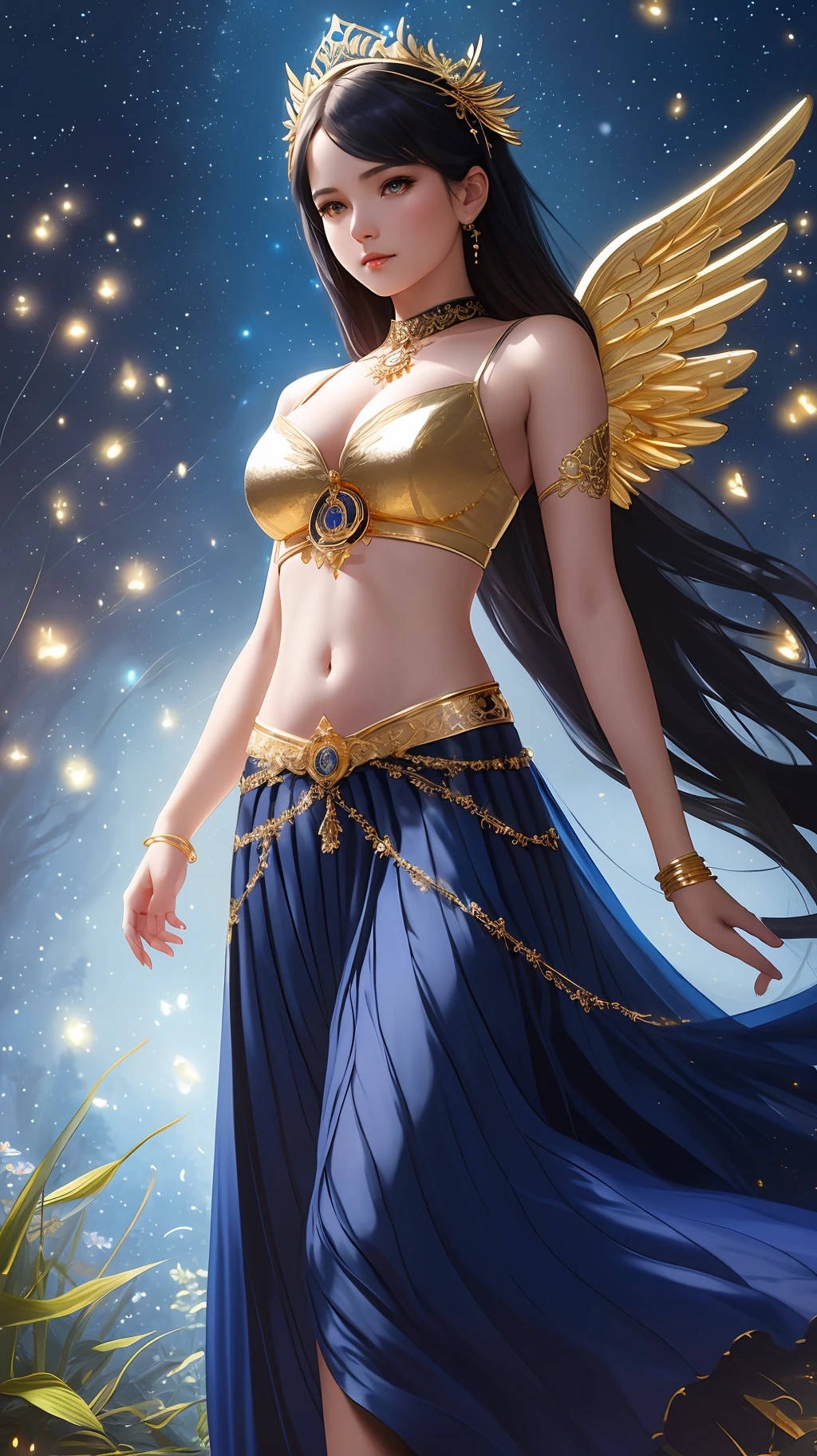 modelshoot style, the most beautiful artwork in the world featuring a (gothic angel cute woman in skirt:1.2), ((navel :1.5)), (( gold and indigo dress:1.2)) cute pose infront of a gorgeous glowing forest full of fireflies flying around, large detailed wings, (dark force:1.3), 35mm lens, f/1.8, 8K, clear facial features, (cinematic action scene:1.2), accent lighting, global illuminatio, trending on ArtStation, trending on CGSociety, Intricate, High Detail, Sharp focus, (dramatic:1.1), photorealistic painting art by midjourney and greg rutkowski