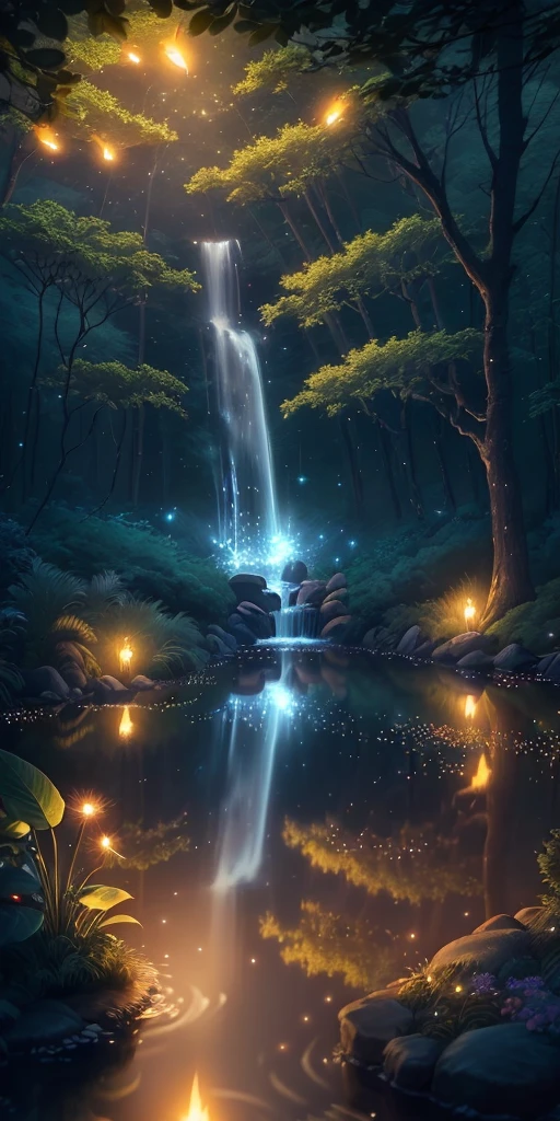Masterpiece, best quality, (very detailed CG unity 8k wallpaper), (best quality), (best illustration), (best shadows), glow sprite, with a glowing deer, in the swimming pool Drinking water, natural elements in the forest theme. Mysterious forest, beautiful forest, nature, surrounded by flowers, delicate leaves and branches surrounded by fireflies (natural elements), (jungle theme), (leaves), (twigs), (fireflies), (particle effects) etc. 3D , Octane rendering, ray tracing, super detailed