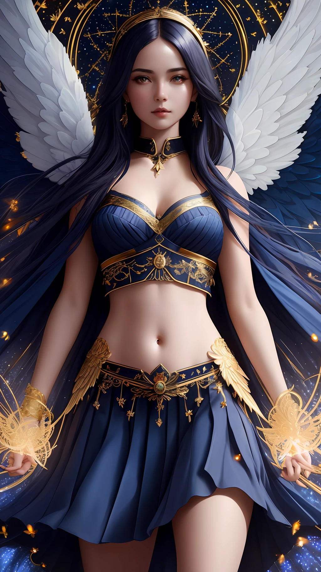 modelshoot style, the most beautiful  artwork in the world featuring a (gothic angel cute woman in skirt:1.2), ((navel :1.5)), (( indigo and gold dress:1.2)) cute pose infront of a gorgeous glowing forest full of fireflies flying around, large detailed wings, (dark force:1.3), 35mm lens, f/1.8, 8K, clear facial features, (cinematic action scene:1.2), accent lighting, global illuminatio, trending on ArtStation, trending on CGSociety, Intricate, High Detail, Sharp focus, (dramatic:1.1), photorealistic painting art by midjourney and greg rutkowski
