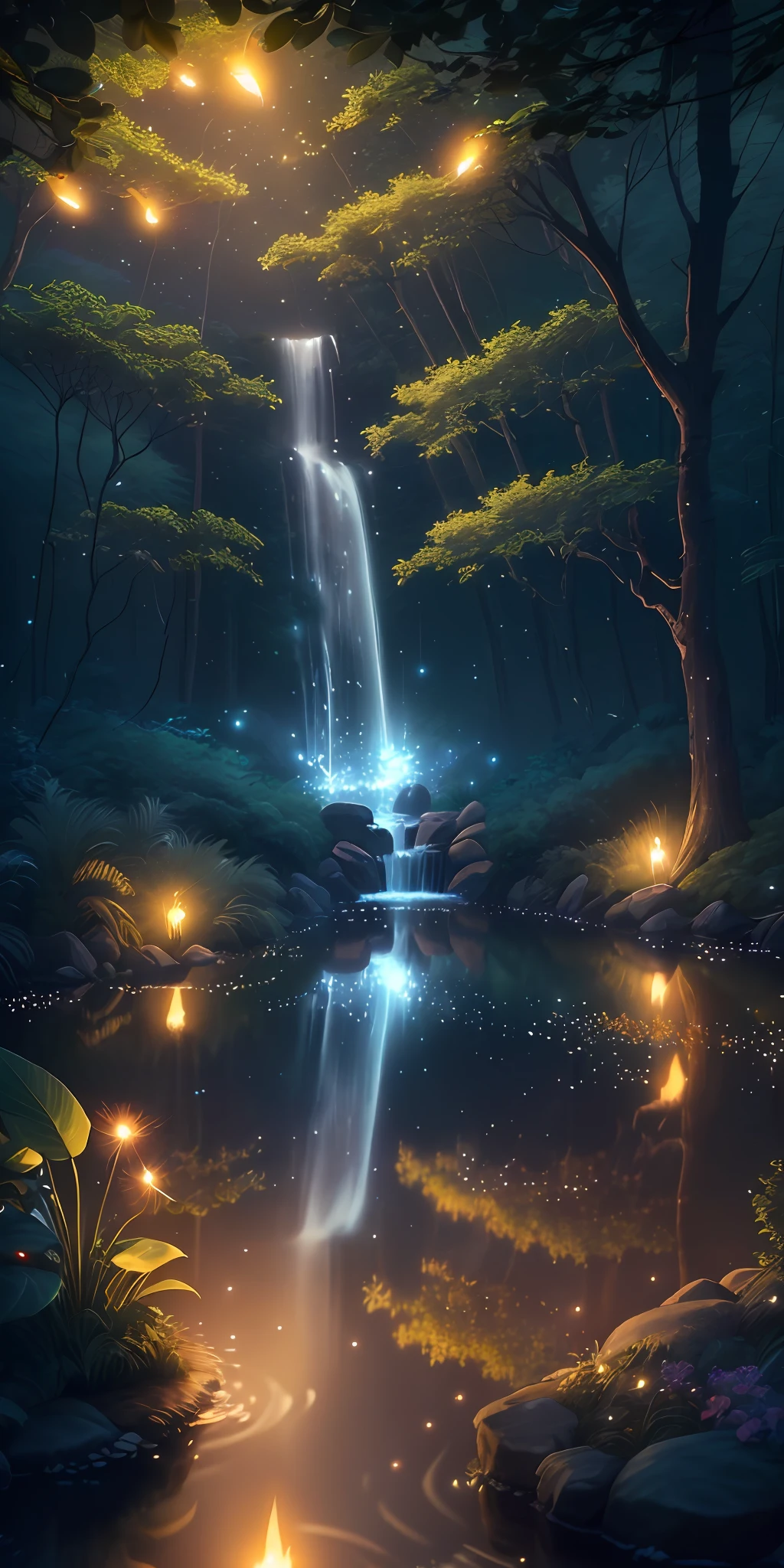 Masterpiece, best quality, (very detailed CG unity 8k wallpaper), (best quality), (best illustration), (best shadows), glow sprite, with a glowing deer, in the swimming pool Drinking water, natural elements in the forest theme. Mysterious forest, beautiful forest, nature, surrounded by flowers, delicate leaves and branches surrounded by fireflies (natural elements), (jungle theme), (leaves), (twigs), (fireflies), (particle effects) etc. 3D , Octane rendering, ray tracing, super detailed
