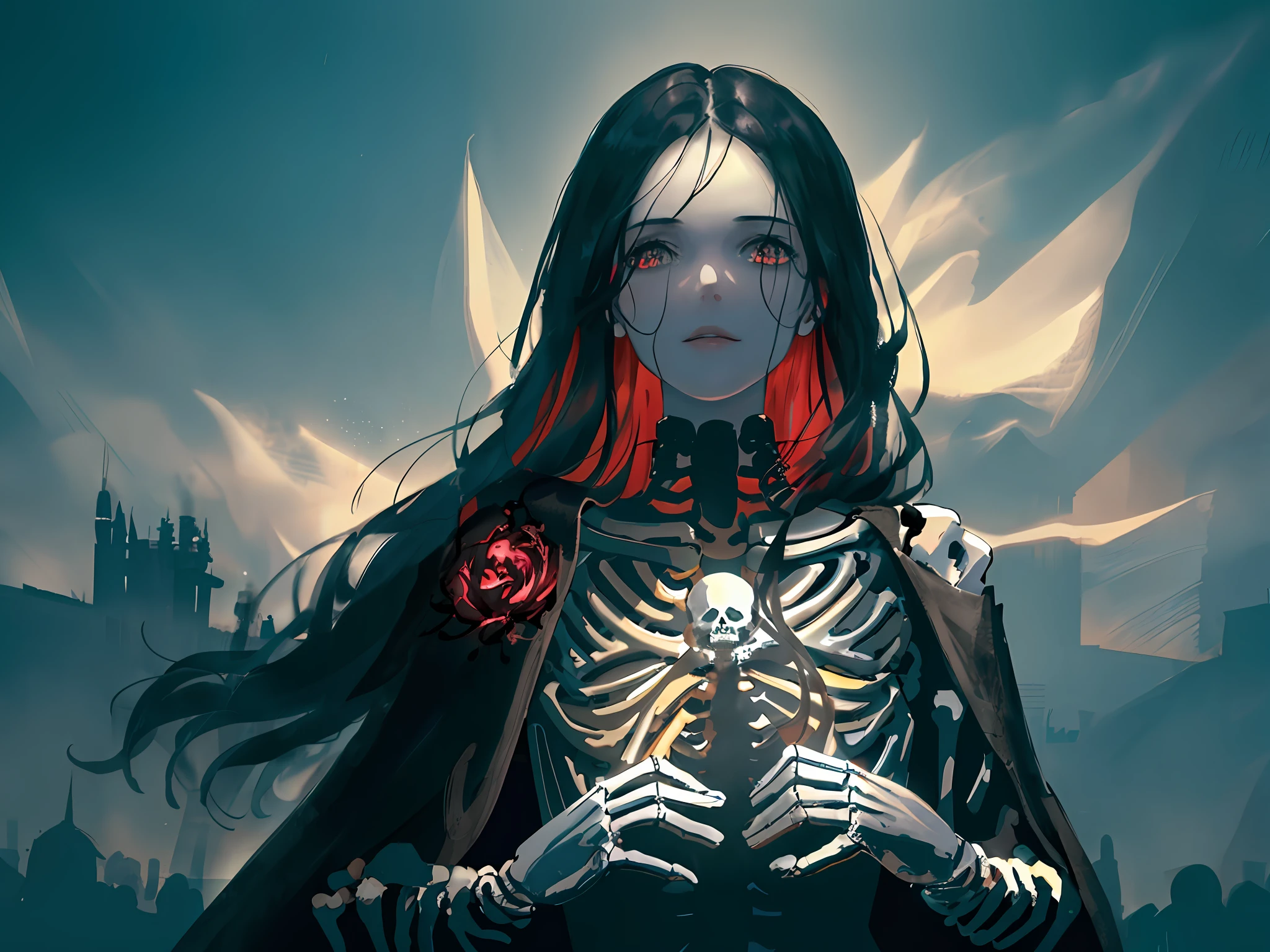 (anthropomorphic skeleton), beautiful 1 skeleton,(beautiful and delicate face),(Sky), (dark magic: 1.2),(necromancer), hellfire, oiled skin, upper body, looking at viewer, messy long hair , (red and black clothes), (volumetric lighting), atmospheric perspective, dust particles, light axis, (hyper realistic), (unreal engine), (realistic), --v 6