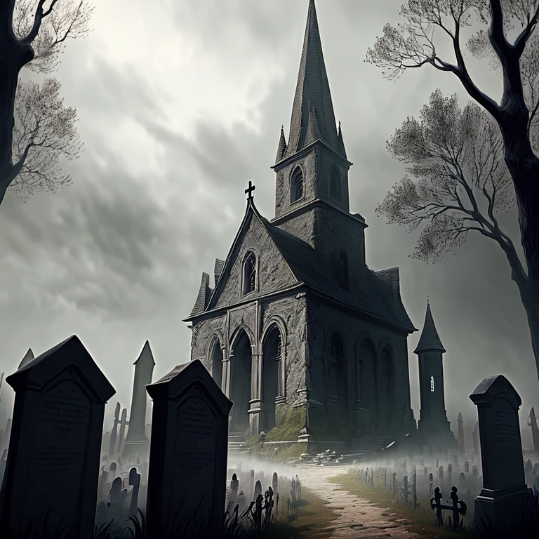 (masterpiece, best quality, ultra-detailed), a cemetery in Barovia, gothic, horror, full-colour digital painting, sharp focus, dramatic, cinematic, spooky ambiance, cemetery