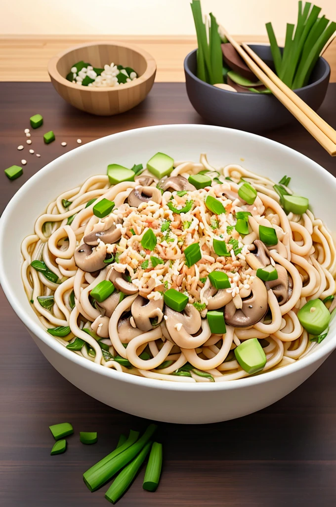 A large bowl of noodles, sprinkled with chopped green onion, a small bowl of mushroom meat, on a bamboo table
