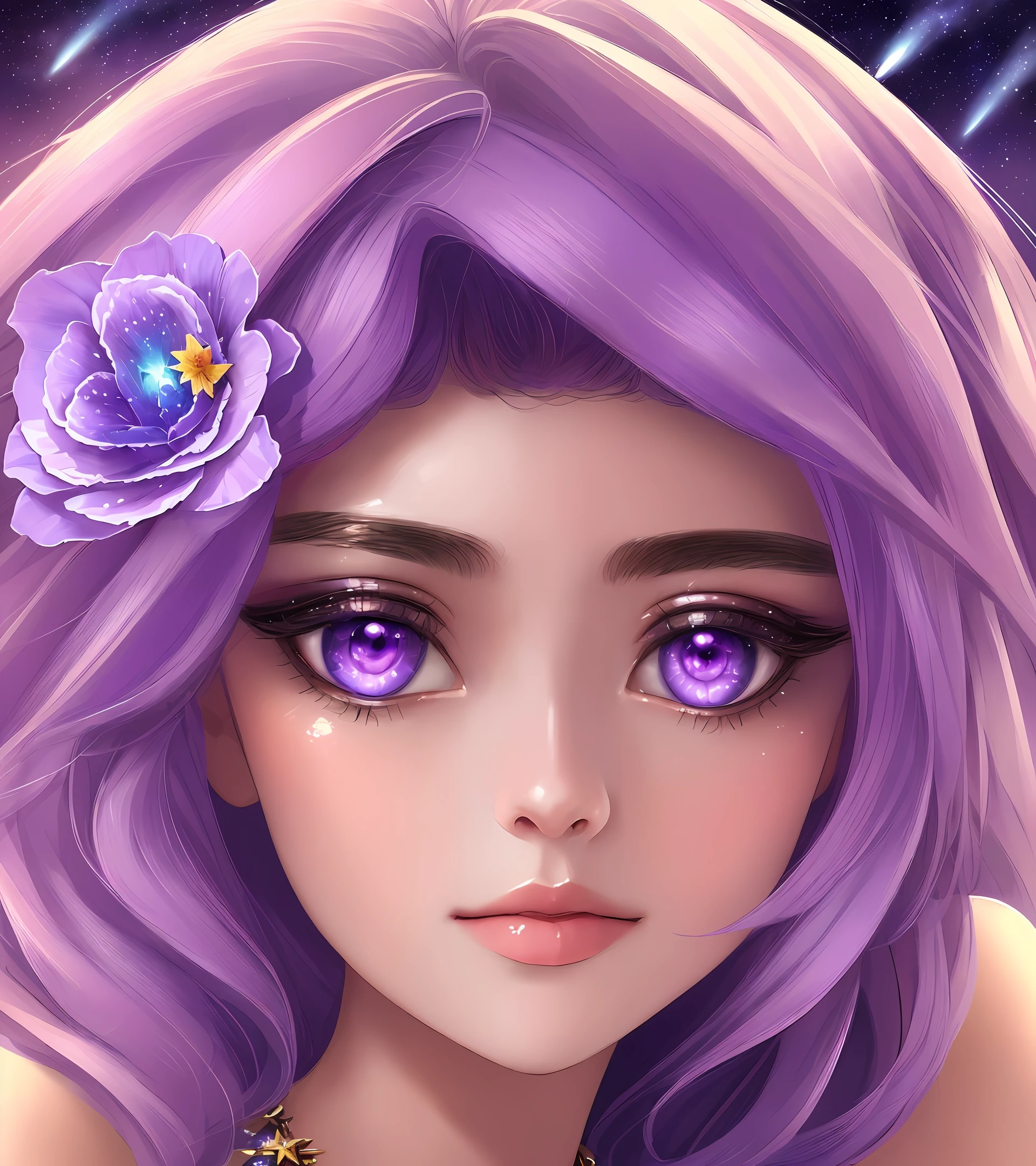 masterpiece, best quality, ultra-detailed, illustration, 

1girl,solo, image body, flower, looking at viewer, 

purple eyes, jewel-like eyes, extremely detailed eyes, extremely detailed face,

star \(sky\), constellation,  purple energy,  railing, meteor