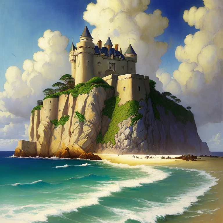 (full-colour illustration, masterpiece, best quality, ultra-detailed), a French fortress on the coast of the Caribbean, by Frank Schoonover, by N. C. Wyeth