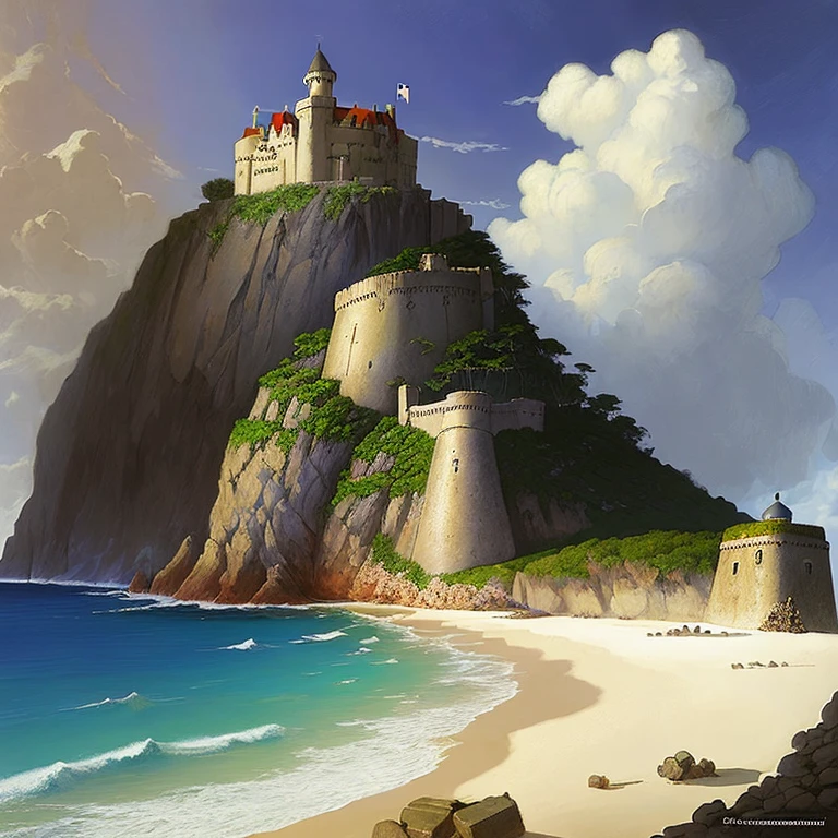 (full-colour illustration, masterpiece, best quality, ultra-detailed), a French fortress on the coast of the Caribbean, by Frank Schoonover, by N. C. Wyeth