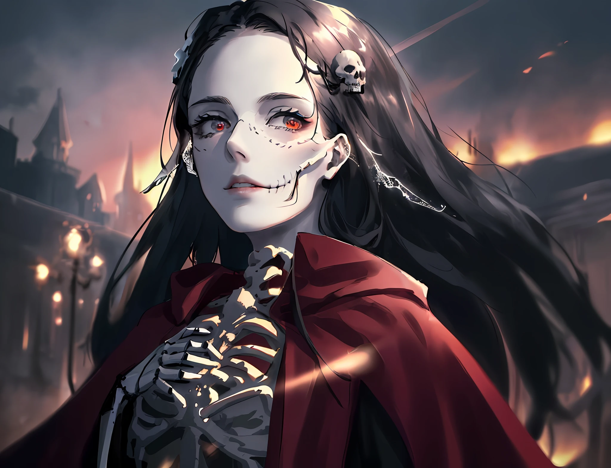(anthropomorphic skeleton), beautiful 1 skeleton,(beautiful and delicate face),(Sky), (dark magic: 1.2),(necromancer), hellfire, oiled skin, upper body, looking at viewer, messy long hair , (red and black clothes), (volumetric lighting), atmospheric perspective, dust particles, light axis, (hyper realistic), (unreal engine), (realistic), --v 6
