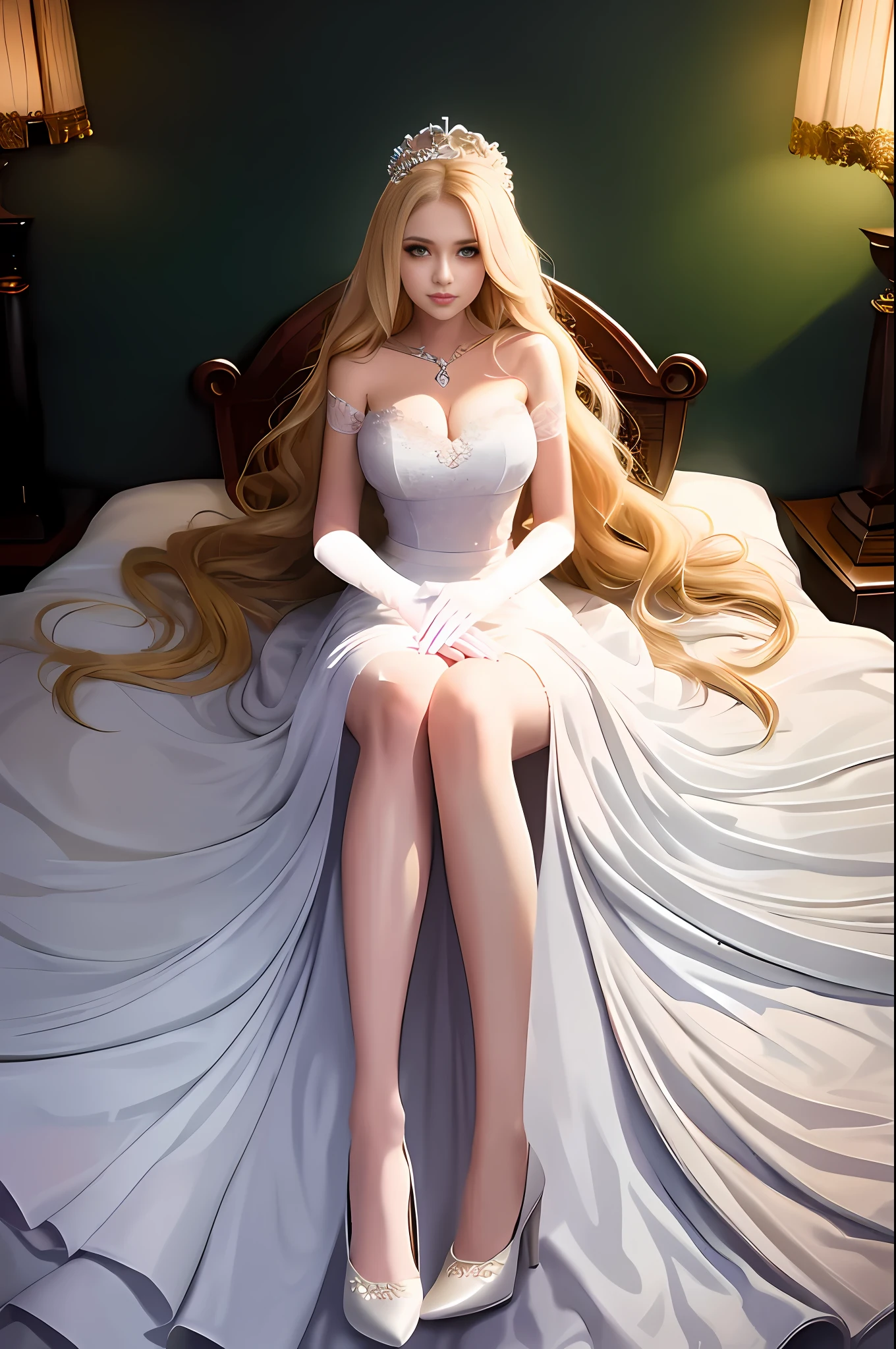blonde haired woman in a white dress sitting on a bed, blonde - haired princess, lovely languid princess, royal elegant pose, ((a beautiful fantasy empress)), anime barbie in white stockings, beautiful alluring anime woman, loli in dress, a beautiful fantasy empress, on her throne, stunning elegant pose, blonde goddess, anime barbie in white