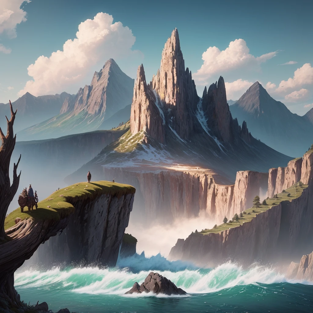 masterpiece, best quality, high quality, extremely detailed CG unity 8k wallpaper, scenery, outdoors, sky, cloud, day, no humans, mountain, landscape, water, tree, blue sky, waterfall, cliff, nature, lake, river, cloudy sky,award winning photography, Bokeh, Depth of Field, HDR, bloom, Chromatic Aberration ,Photorealistic,extremely detailed, trending on artstation, trending on CGsociety, Intricate, High Detail, dramatic, art by midjourney