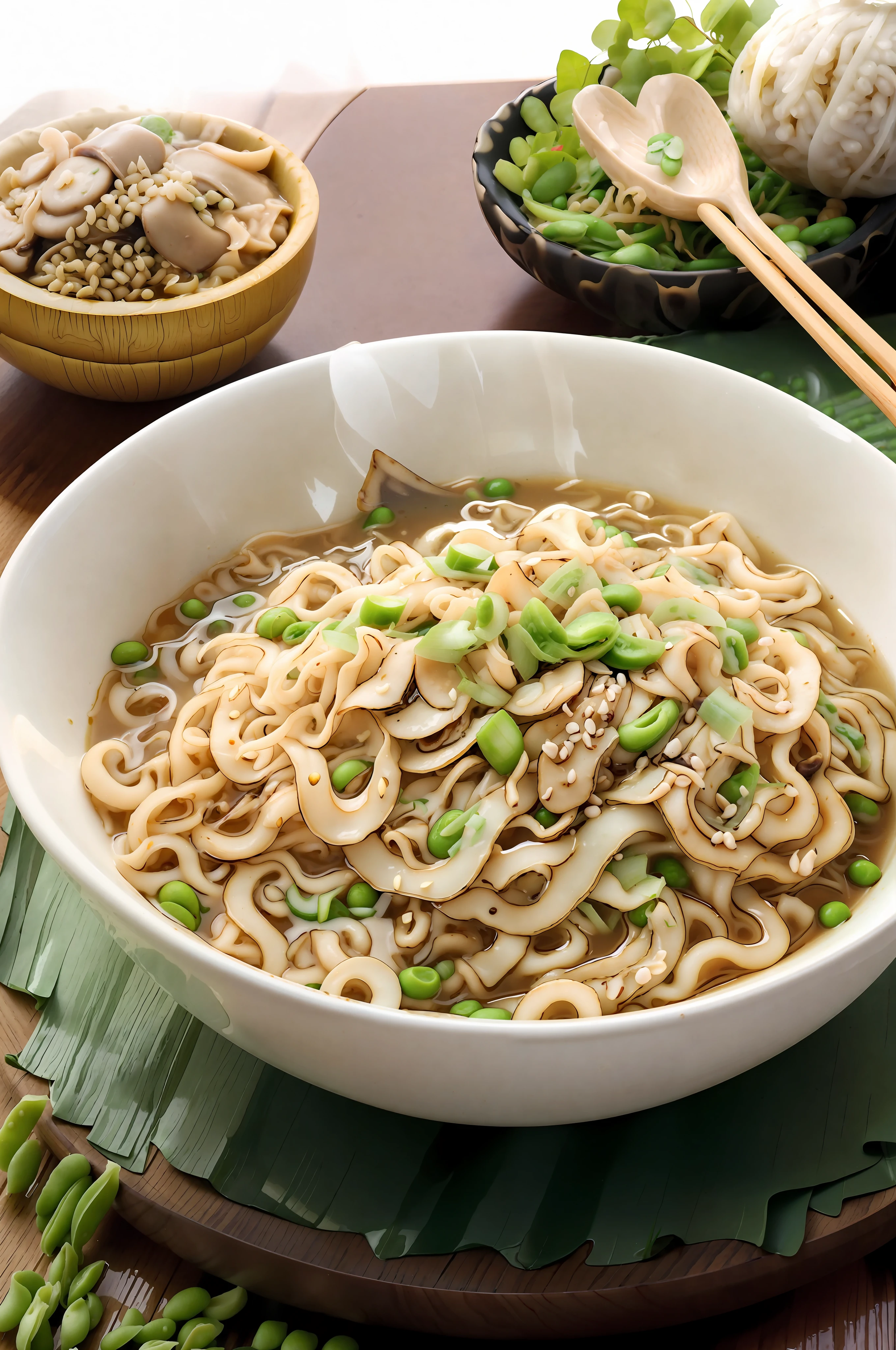 araffy noodles with peas and mushrooms in a bowl on a table, noodles, aokamei, japanese, sougetsu, sasai ukon masanao, inspired by Shunbaisai Hokuei, luscious with sesame seeds, yummy, kaigetsudo ando, evan lee, realistic photo of delicious pho, 3 4 5 3 1