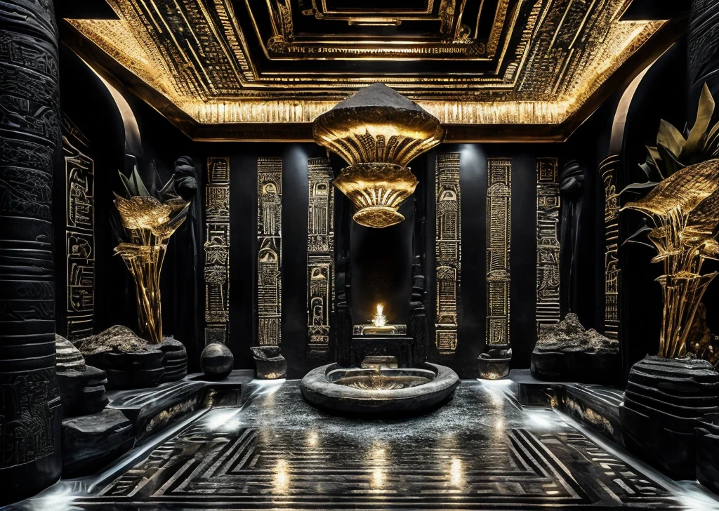 incredible black luxurious futuristic interior in Ancient Egyptian style with lotus flowers, palm trees, hieroglyphics, rocky walls, sand, marble, precious minerals, metals, gemstones, crystals, clouds and water, crocodiles, ultra luxury, black marble – with beautiful lights, Unreal Engine, HQ, 16k