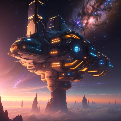 wide angle, futuristic giant space station, cloudy, galaxy, stars, lighting effects, colorful, Greg Rutkowski, Unreal Engine, James Gurney, artistic space station, highly detailed matte painting, bright color scheme