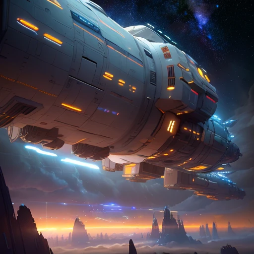 wide angle, futuristic giant space station, cloudy, galaxy, stars, lighting effects, colorful, Greg Rutkowski, Unreal Engine, James Gurney, artistic space station, highly detailed matte painting, bright color scheme