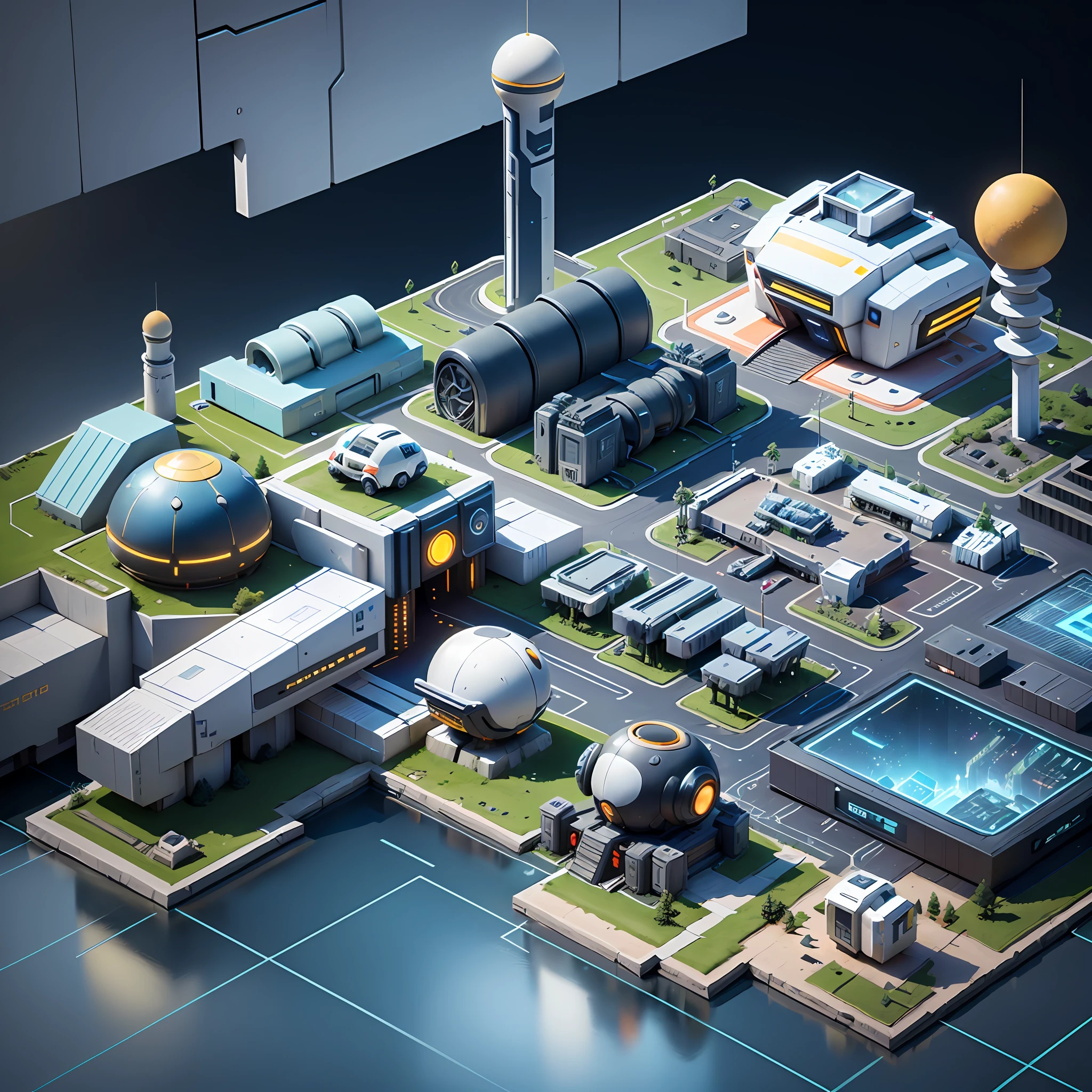there is a small building with a tower on top of it, futuristic outpost building, isometric futuristic game, sci-fi building. isometric view, isometric futuristic building, futuristic space port, futuristic production facility, futuristic base, spaceship hangar, futuristic. game cg, future science fiction. game cg, isometric game asset, 3 d render of a scifi spaceport--v6