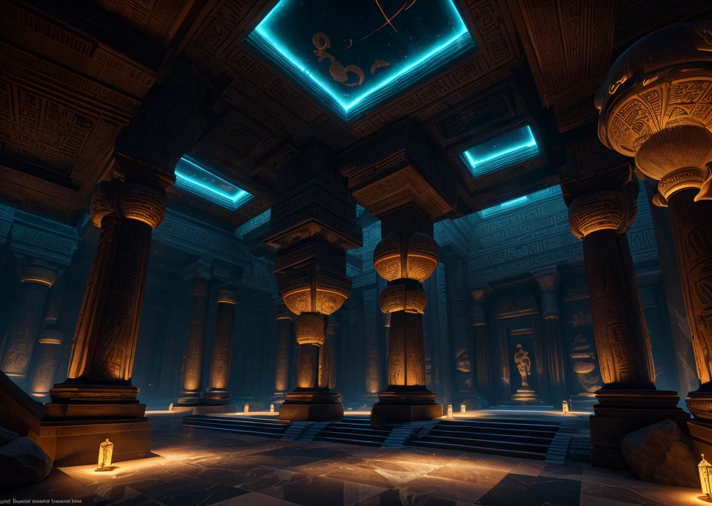 incredible black luxurious futuristic interior in Ancient Egyptian style with lotus flowers, palm trees, hieroglyphics, rocky walls, sand, marble, precious minerals, metals, gemstones, crystals, clouds and water, crocodiles, ultra luxury, black marble – with beautiful lights, Unreal Engine, HQ, 16k