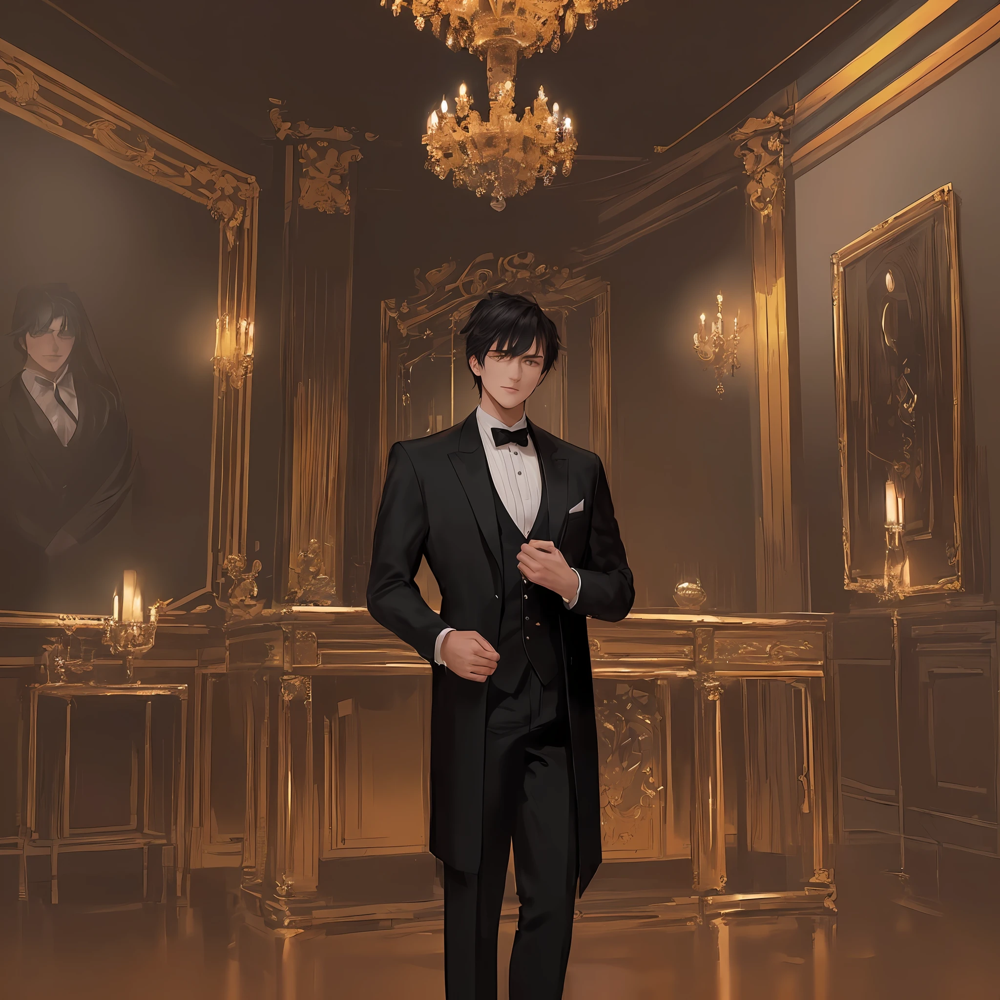 (A handsome young man in a black suit with black hair, standing in a room of a mansion and looking at the camera: 1.5) (A very proud and arrogant expression on his face: 1.8) (Upper body display: 1.5) (Face Feature: 1.5) (Masterpiece, Masterpiece: 1.5)
