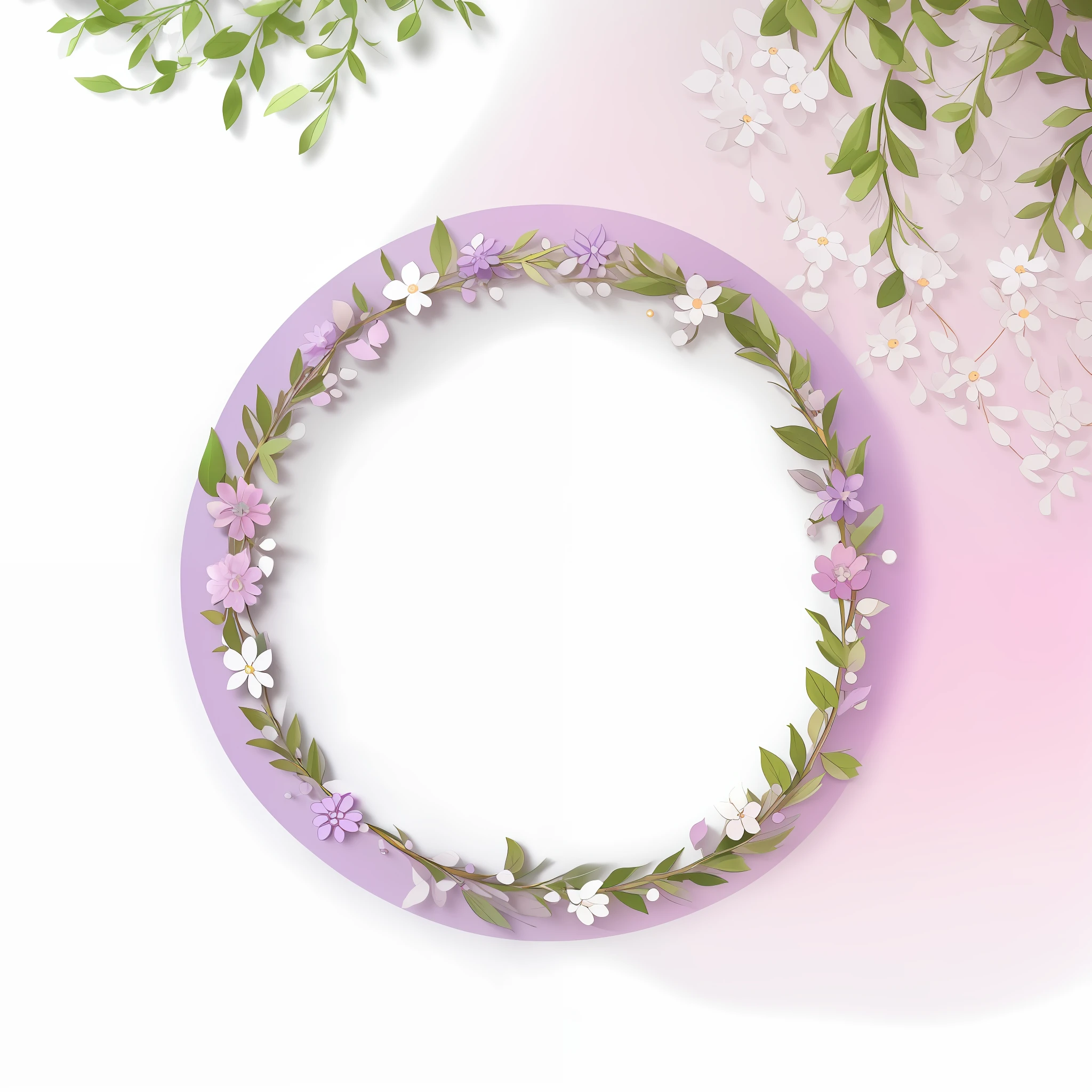 a wreath of leaves and branches on a white background, round background, flower frame, pastel purple background, circle design, has a laurel wreath, circle, circular shape, hand-drawn, hand - drawn, round format, round design, white frame border, isolated background, ornamental halo, white border and background, uncompressed png, without text, high quality]