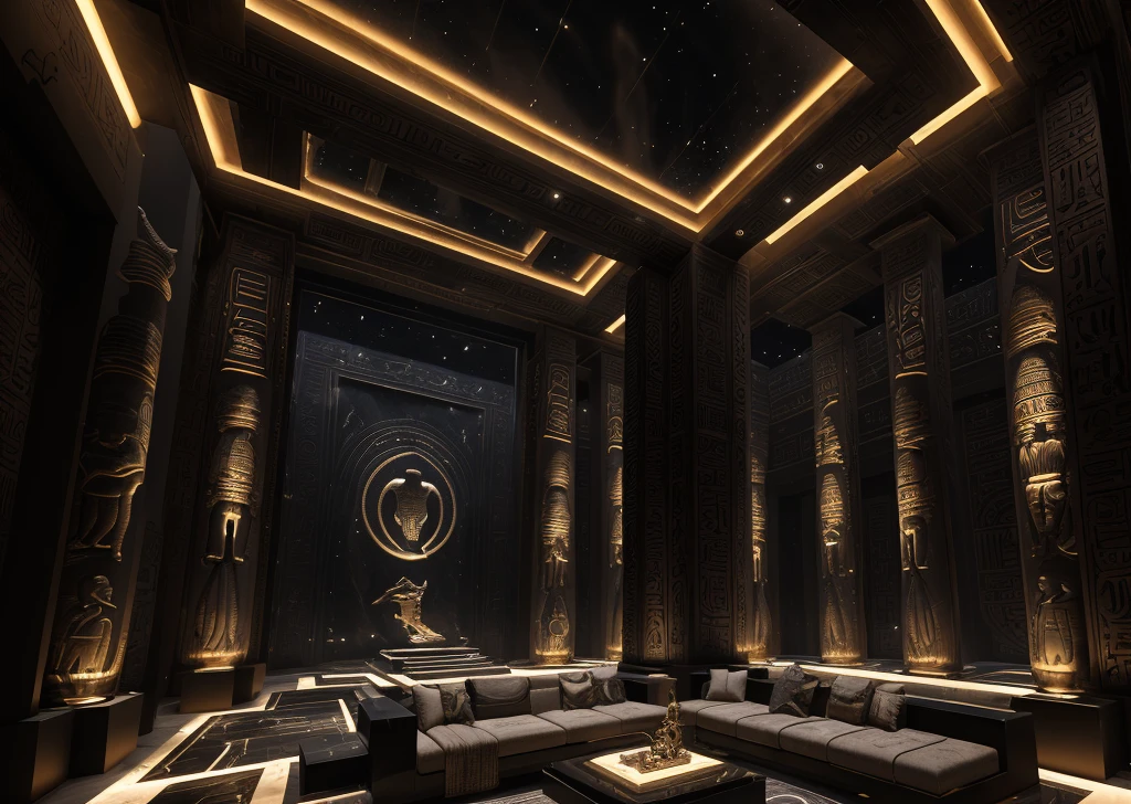incredible black luxurious futuristic interior in Ancient Egyptian style with lotus flowers, palm trees, hieroglyphics, rocky walls, sand, marble, precious minerals, metals, gemstones, crystals, clouds and water, crocodiles, ultra luxury, black marble – with beautiful lights, Unreal Engine, HQ, 16k