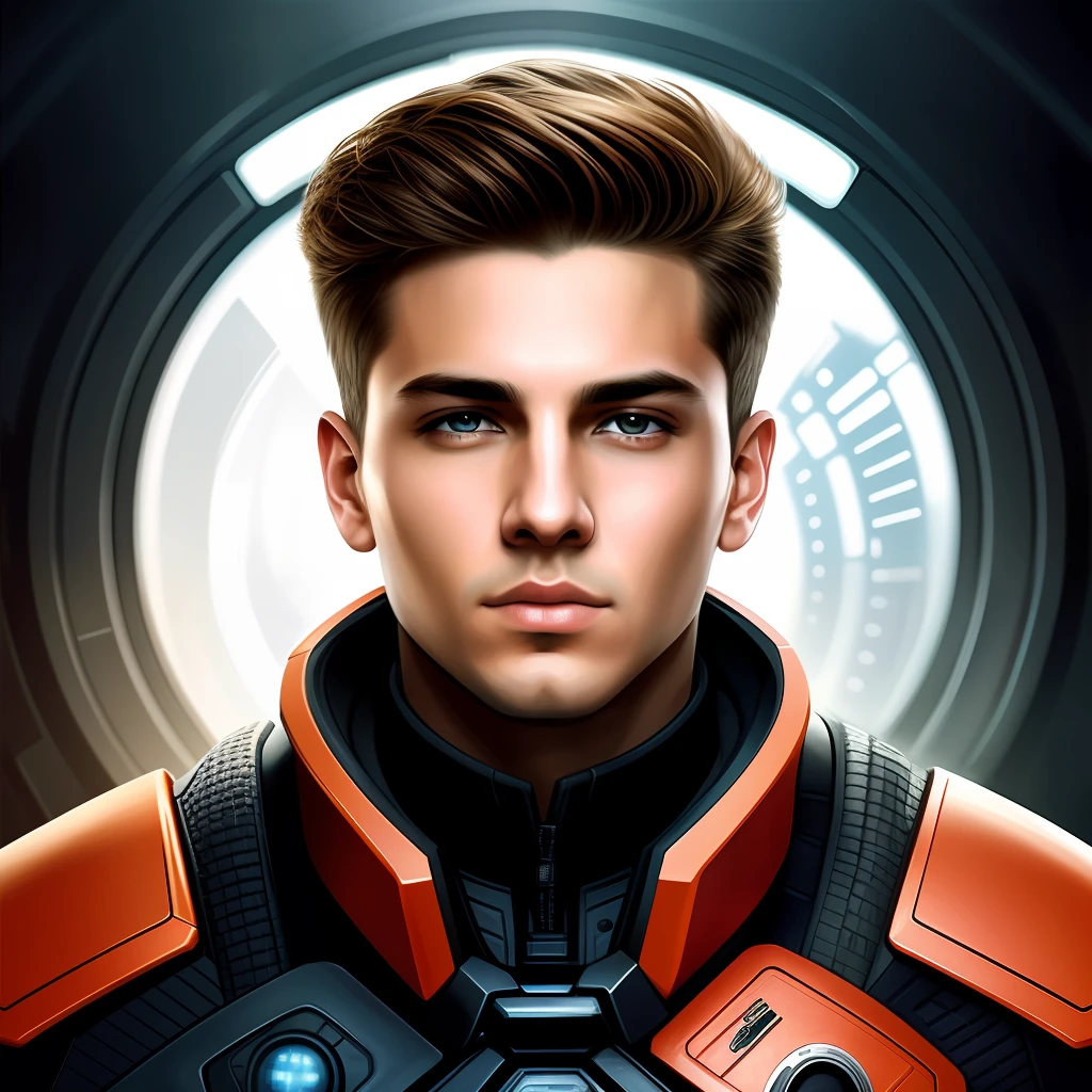 masterpiece, best quality, realistic, ultra detailed, sfw, head shot, a portrait of a young man, starsector, sci-fi style suits, tech gadgets, head turning left,