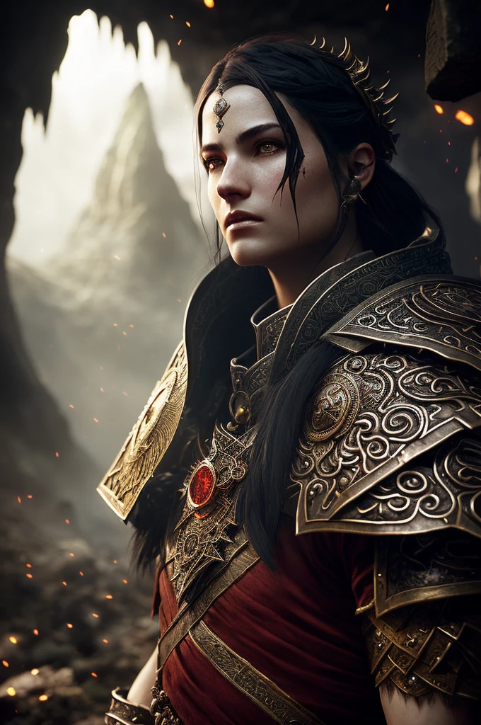 Head closeup, face (camera: 1.43), realistic digital painting portrait of a warrior (male: 1.5) human, wearing a large shield, (very detailed short black hair: 1.1) (short black beard: 1.1), (dungeon and Dragons:1.3), fantasy universe, metal breastplate with red and gray battle worn, (underground cave background:1.2), (light particle:1.1), (very detailed skin:1.2), (game concept:1.3), ( elden ring style: 1.3), (mystery style: 0.8), (depth of field: 1.3), global illumination, art by hoang lap and fuji choko with artgerm and greg rutkowski and viktoria gavrilenko
