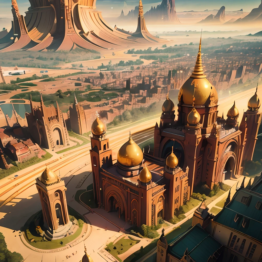 3d tv screen shots, 8K, in the style of dark orange and gold, art nouveau organicity, spiky mounds, die brücke, art of burma, an image of a futuristic city with bridges and small buildings, fractal, insanely detailed, in the style of golden hues, fantastical otherworldly visions, kushan empire, greeble, barroco, 8K, n the style of dan mumford, echo chernik, light gold and gold, --v 6