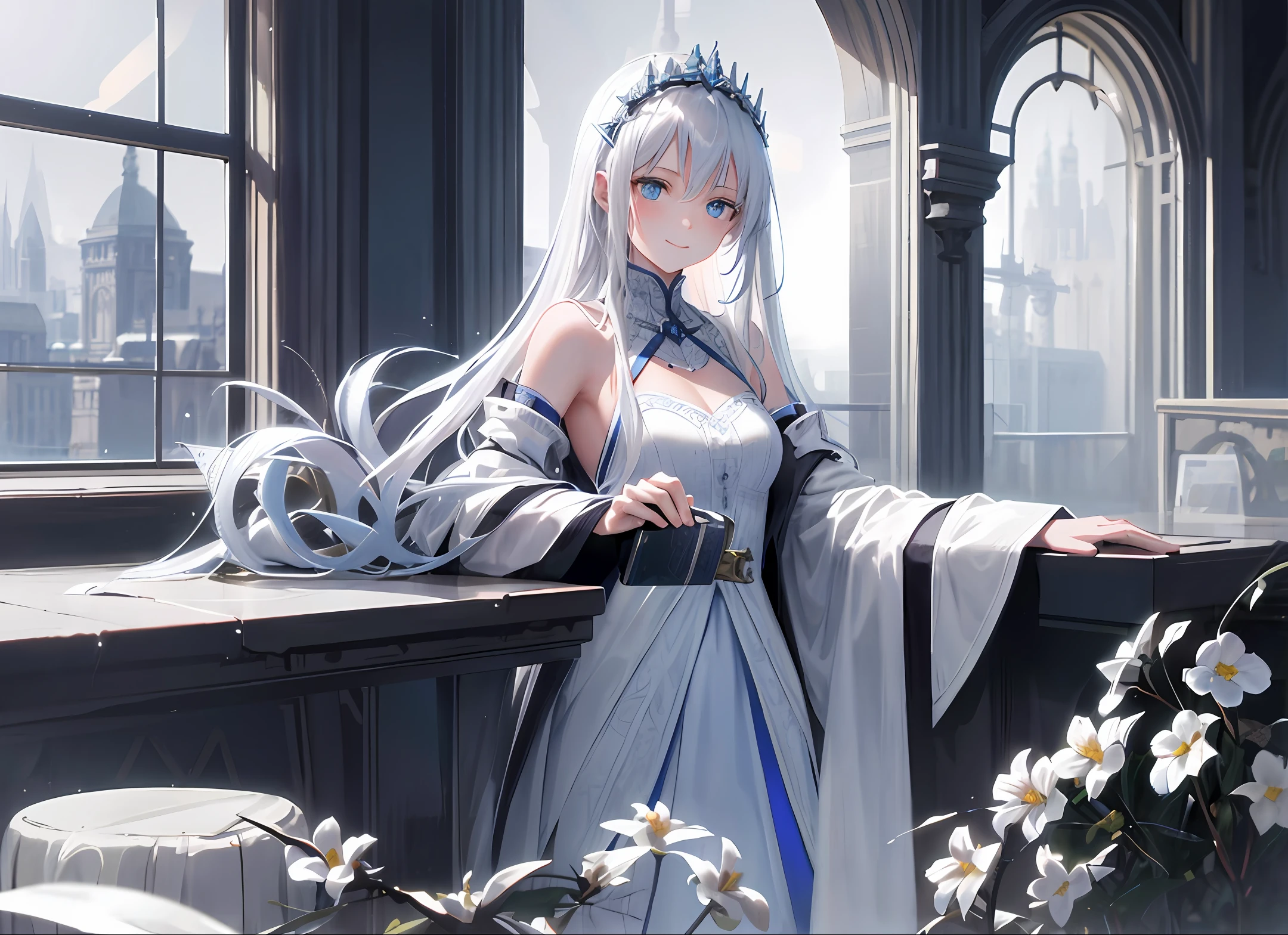girl, smiling, long hair, white hair, blue eyes, crown, earrings, pendant, knee socks, slender body, sitting sideways