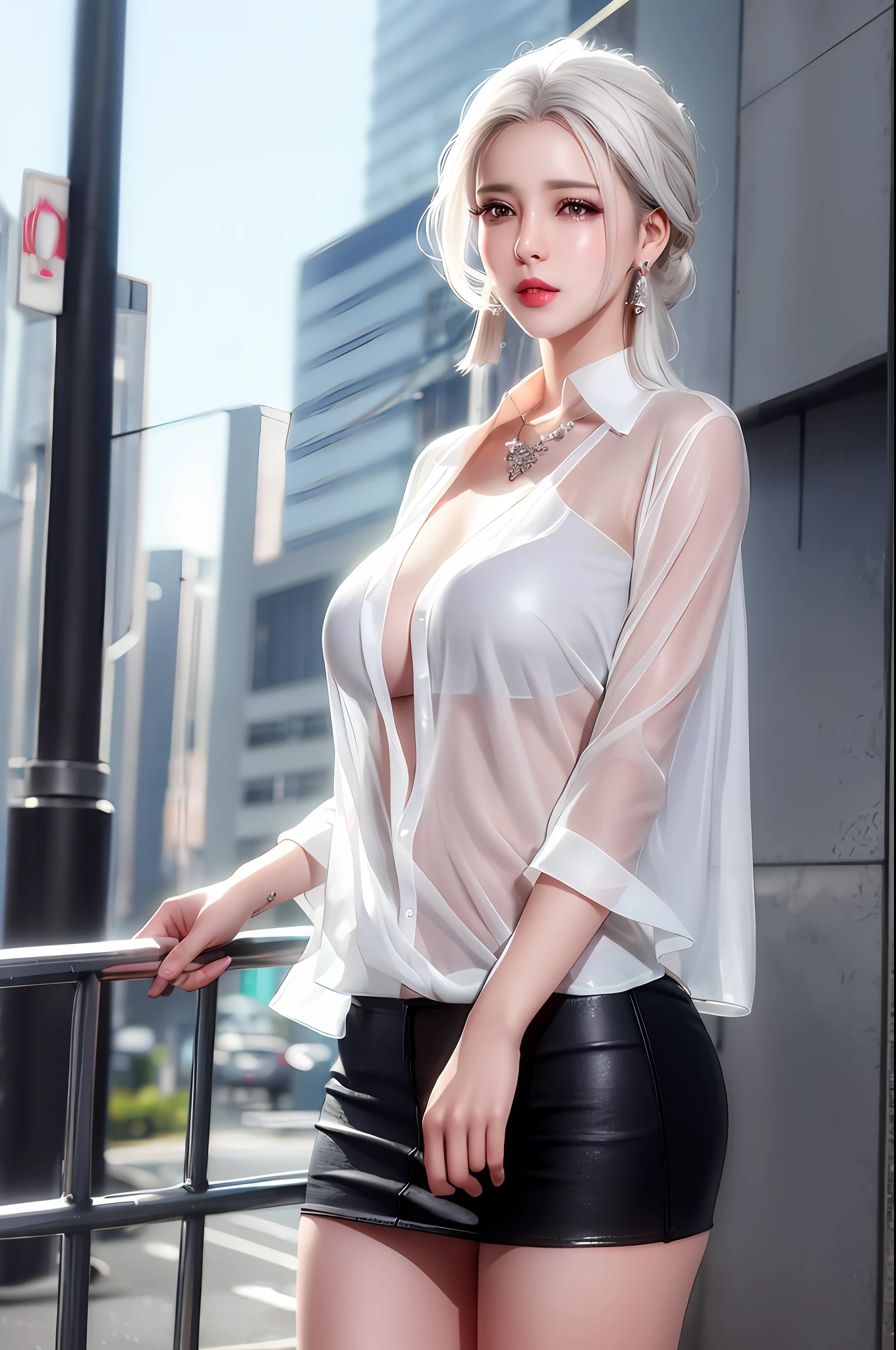 Crying, tears, white hair, delicate hairstyle, a girl wet from the rain, standing on the street, big breasts, open chest, long eyelashes, lip gloss, transparent white shirt, necklace, earrings, top quality, transparent black miniskirt, high resolution rate, 8K quality