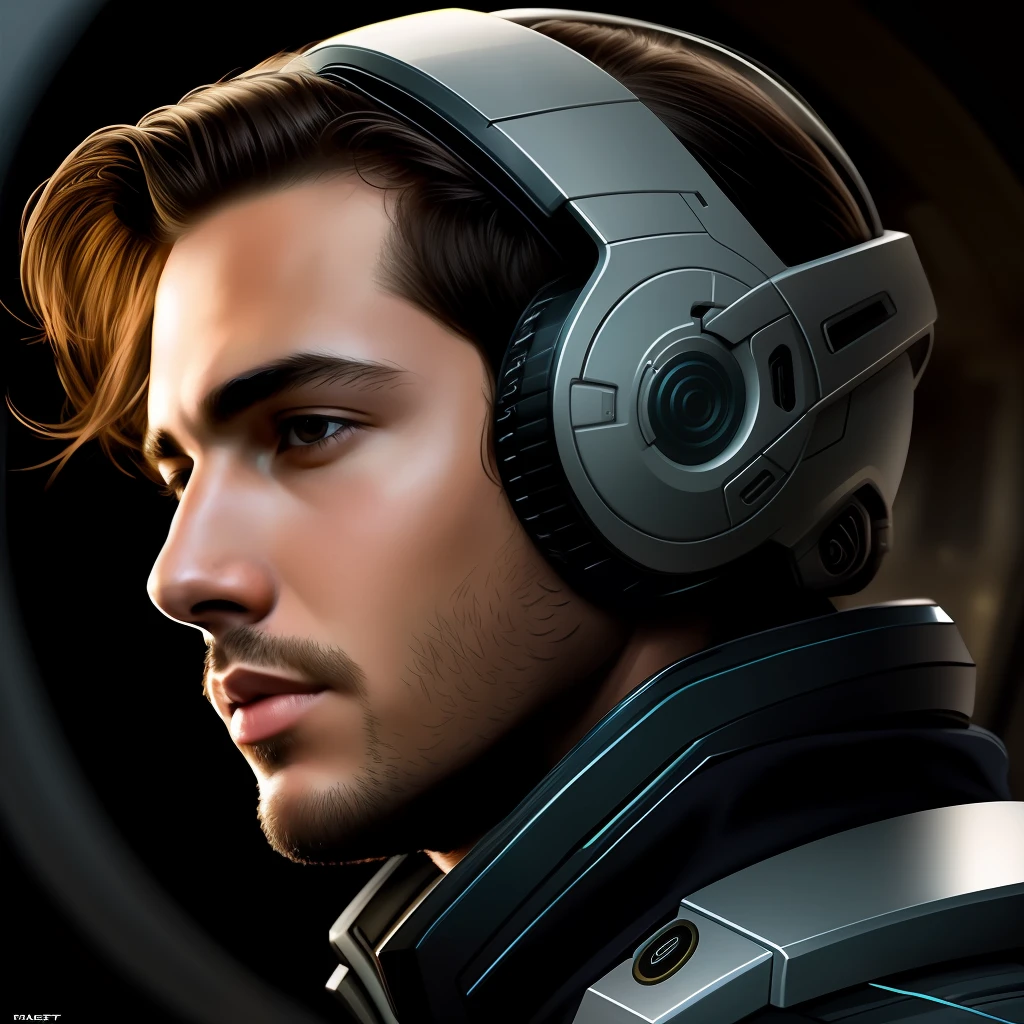 masterpiece, best quality, realistic, ultra detailed, sfw, head shot, a portrait of a young man, starsector, sci-fi style suits, tech gadgets, head facing left,