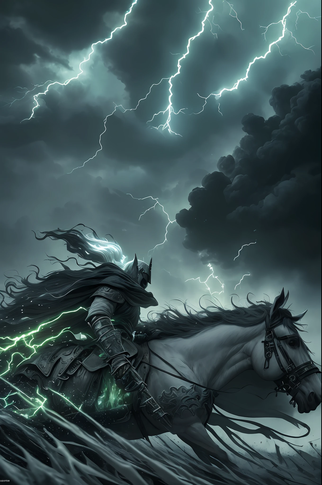 (very detailed CG unity 8k wallpaper), (best quality), (best illustration), (best shadows), ridiculous, realistic lighting, a necromancer riding a white horse wearing green wizard robes, tattered, filthy, Smell of plague and death, surrounded by black clouds and lightning; static composition, slight low angle, decisive cuts, high-contrast colors --v 6