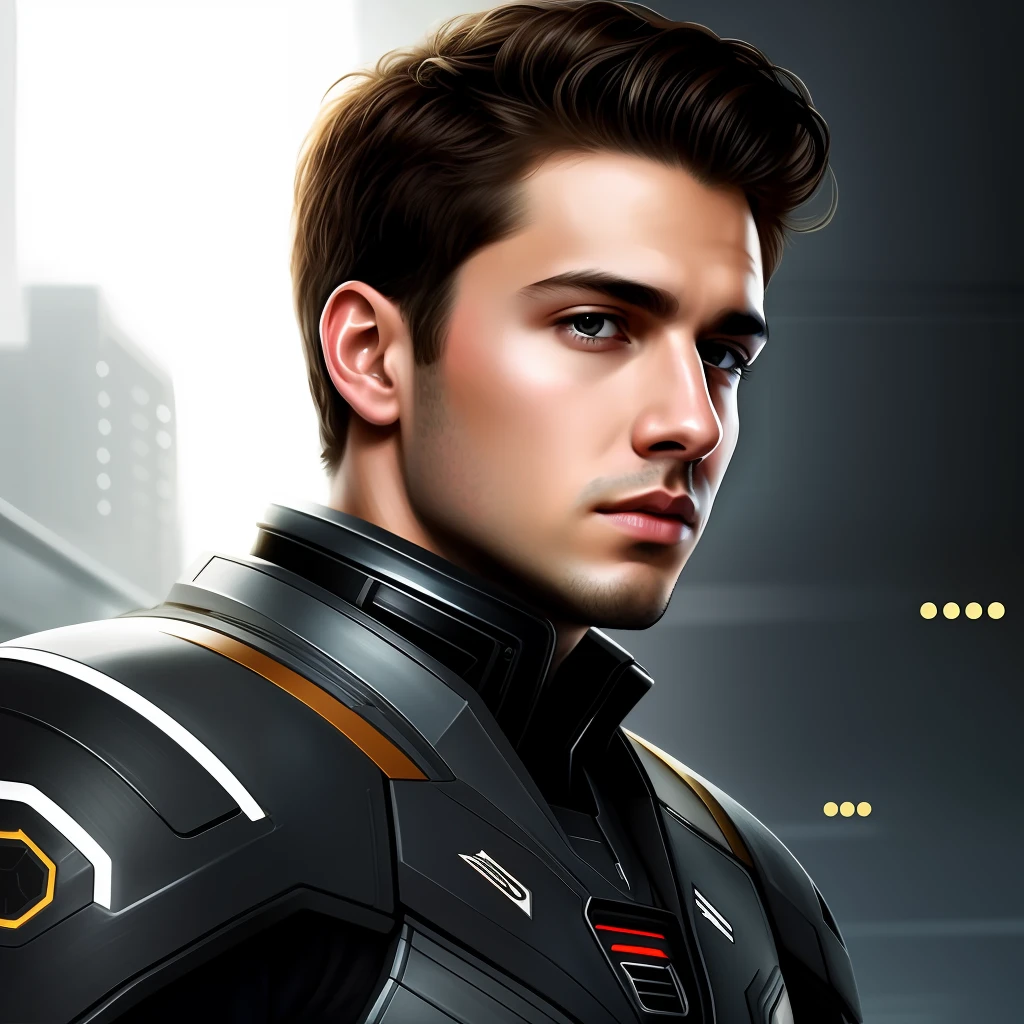 masterpiece, best quality, realistic, ultra detailed, sfw, head shot, a portrait of a young man, starsector, sci-fi style suits, tech gadgets, head facing right,
