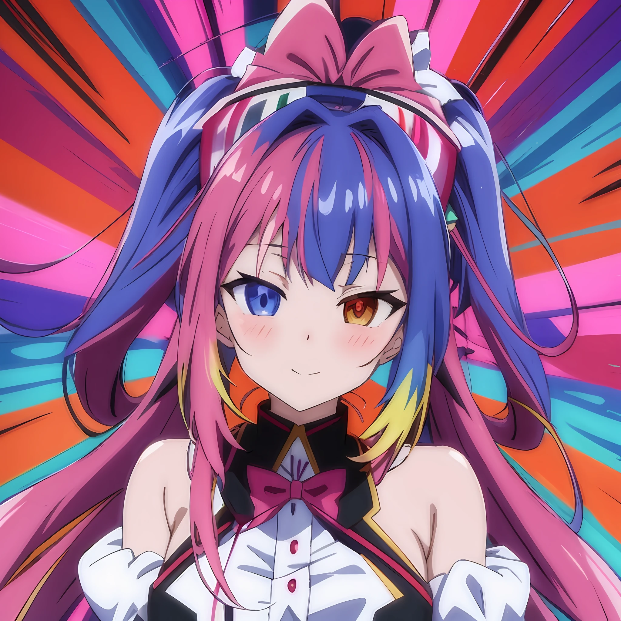 anime girl with long hair and a bow tie in front of a colorful background, anime moe artstyle, anime style 4 k, best anime 4k konachan wallpaper, hyper colorful, stylized anime, anime style. 8k, waifu, anime! 4 k, anime! 4k, dreamy psychedelic anime, ufotable art style, holo, ahegao, heterochromia eyes, slight smile, closed mouth, magnifying glass on cheek