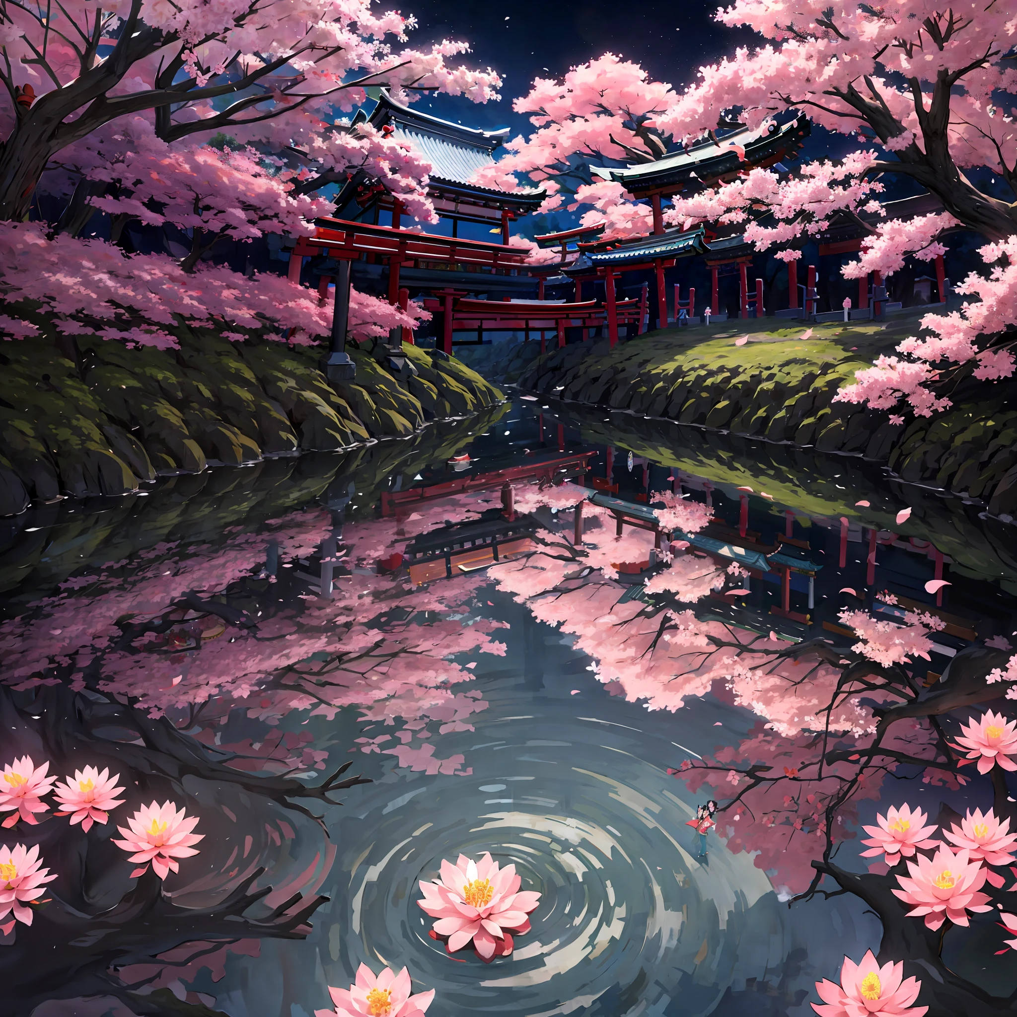 Bana flowers bloom and torii gates stand tall