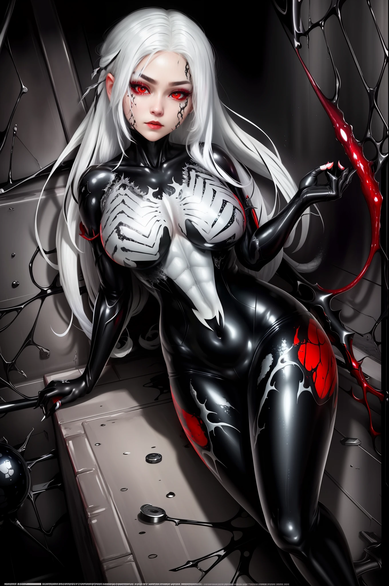 masterpiece, best quality, CG, wallpaper, HDR, high quality, high-definition, extremely detailed, symbiote, girl, white hair, red eyes
