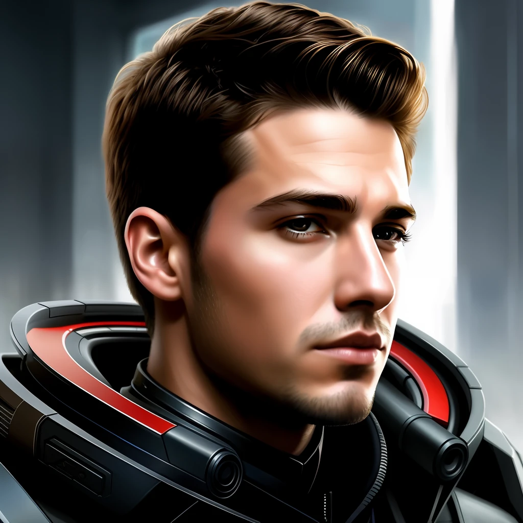 masterpiece, best quality, realistic, ultra detailed, sfw, head shot, a portrait of a young man, starsector, sci-fi style suits, hight-tech gadgets, head facing right,